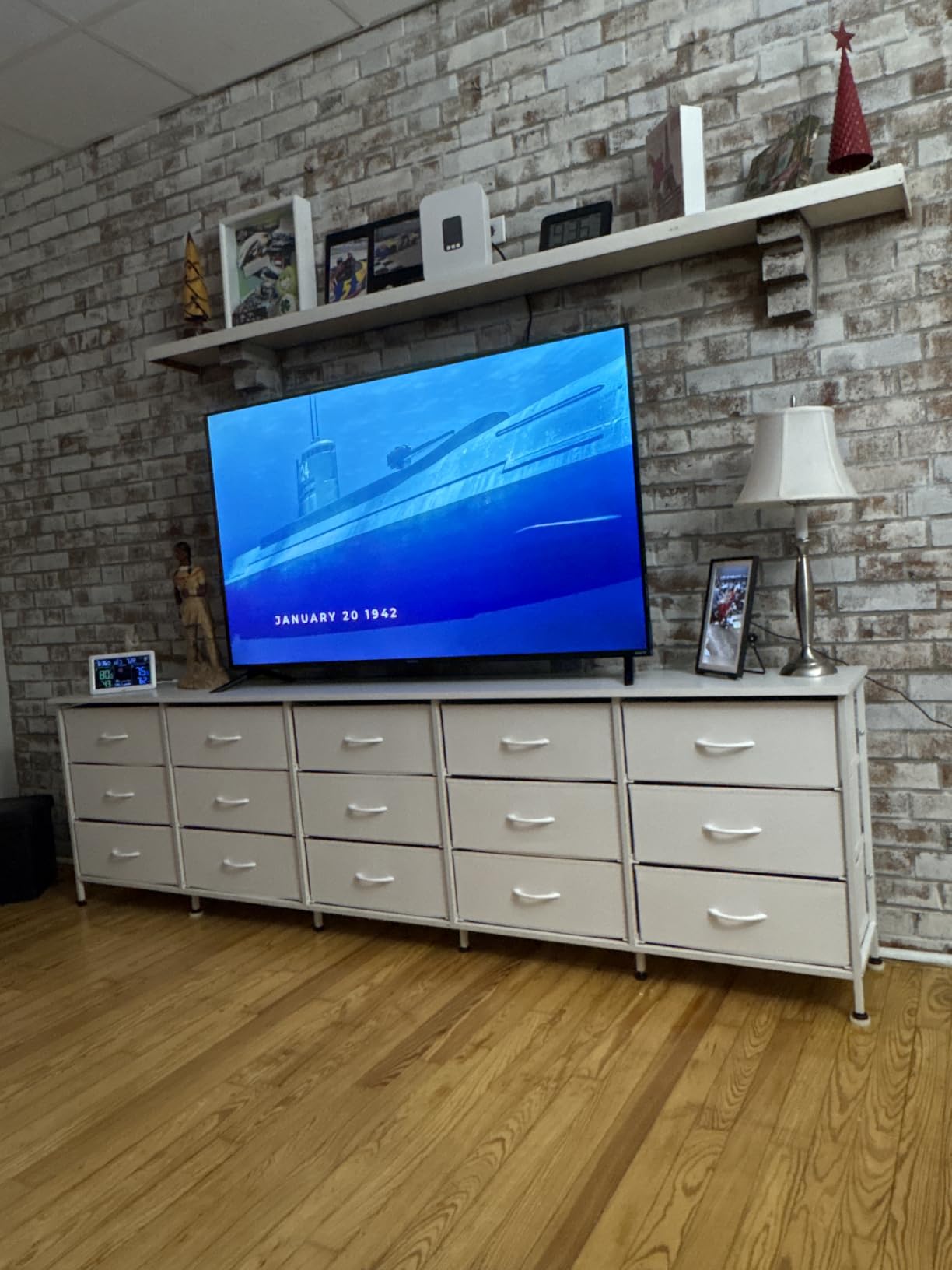 WLIVE Long Dresser TV Stand for 85 Inch TV, 12 Drawer Dresser, Black, Fits TVs up to 85 inch, 12 fabric drawers, 75.5 inch wide tabletop, Living room or bedroom, Chest of drawers customer photo 1