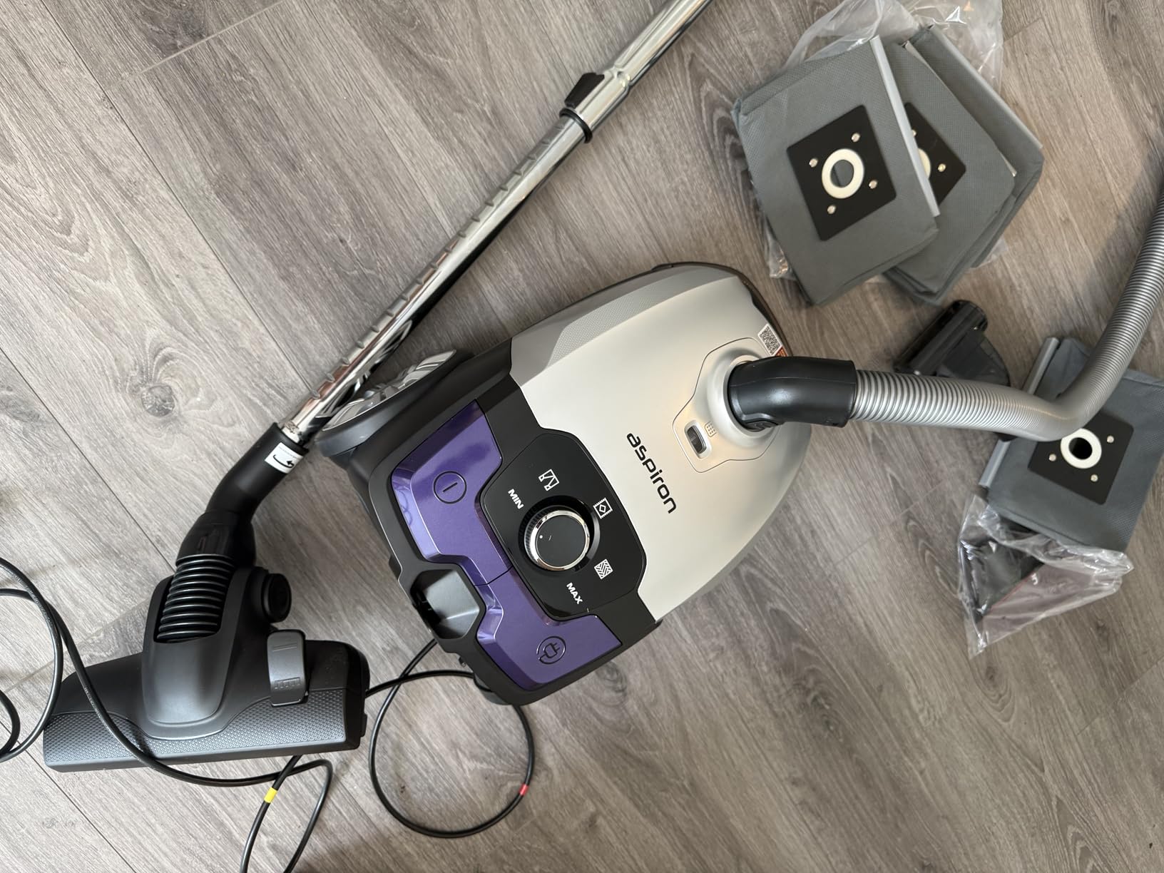 Aspiron Canister Vacuum, 1700W/45KPA Bagged Vacuum Cleaner, 5L Large Capacity, Auto Cord Rewind, HEPA Filter, Low Noise, 8M Cleaning Radius, Easy to Push, for Hard Floor, Low Pile Carpet, Crack, Car customer photo 2