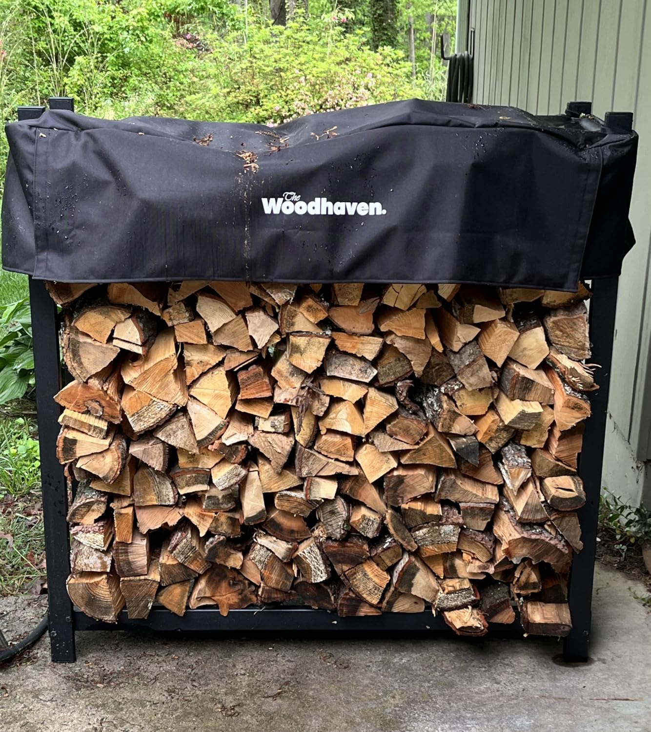 Woodhaven Black 4 Foot - Heavy Duty Made In USA - Indoor Outdoor - 1/4 Cord Firewood Storage Log Rack With Seasoning Cover Combo Set - Metal Log Storage - 48