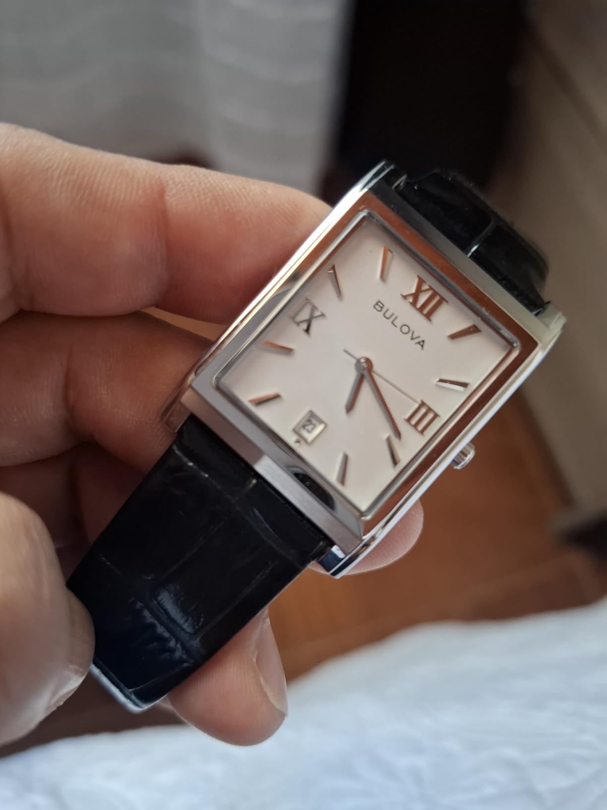 Men's Stainless Steel 3-Hand Calendar Date Quartz Watch with Black Leather Strap, Rectangle Dial Style: 96B107 customer photo 2