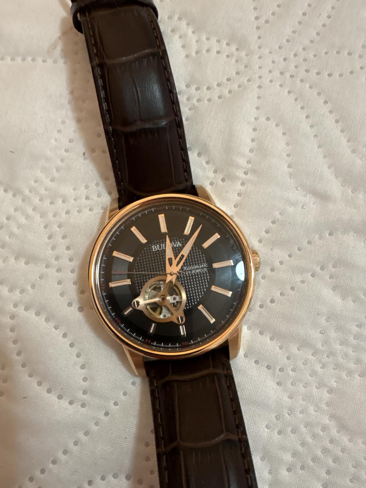 Men's Classic 3-Hand Automatic Leather Strap Watch, 21-Jewels, Hack Feature, Luminous Hands and Markers, Open Aperture and Exhibition Case Back customer photo 1