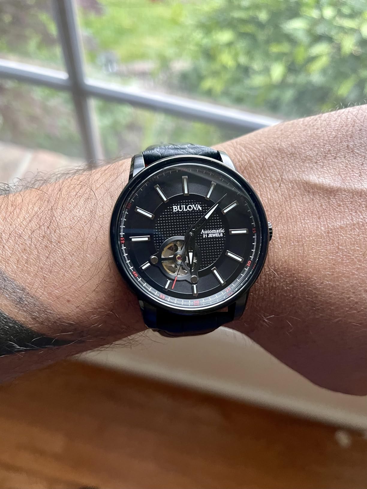 Men's Classic 3-Hand Automatic Leather Strap Watch, 21-Jewels, Hack Feature, Luminous Hands and Markers, Open Aperture and Exhibition Case Back customer photo 2