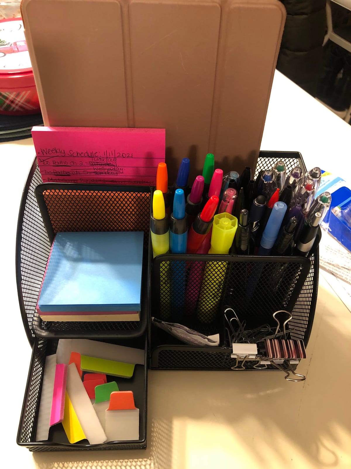 EasyPAG Mesh Desk Organizer with Drawer Multi-functional Pen Holder Stationery Organizer for Office School Supplies 6 Compartments Dorm Organizers and Storage for Desk, Black customer photo 2