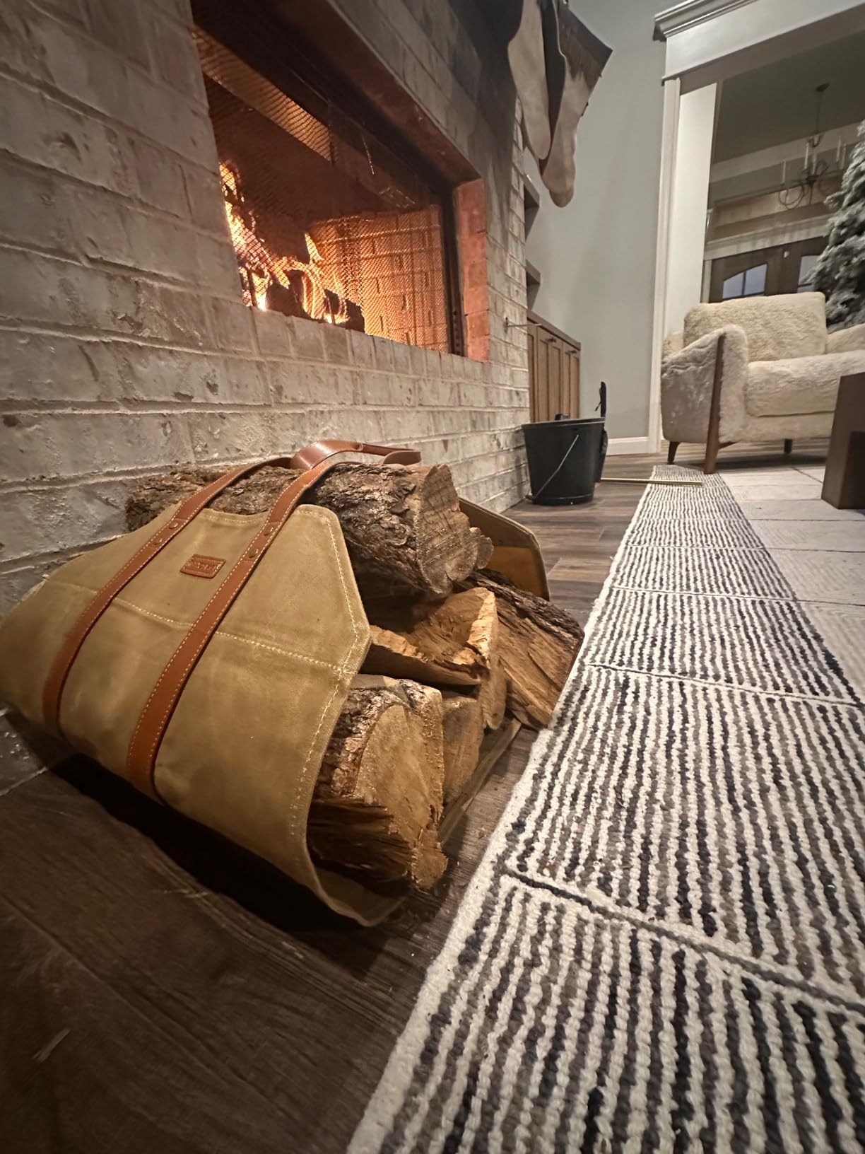 INNO STAGE Waxed Canvas Firewood Carrier Tote | Large capacity, convenient to haul firewood indoors outdoors, practical accessory for wood stove, simple to carry and store customer photo 2