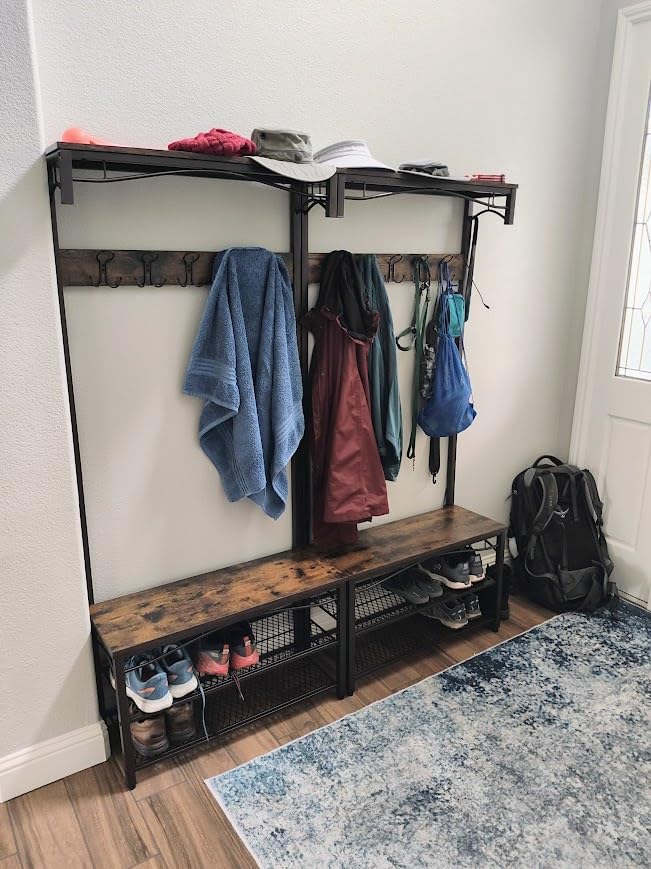 VASAGLE Coat Rack and Storage Bench, Hall Tree with 9 Hooks, Steel Frame customer photo 2