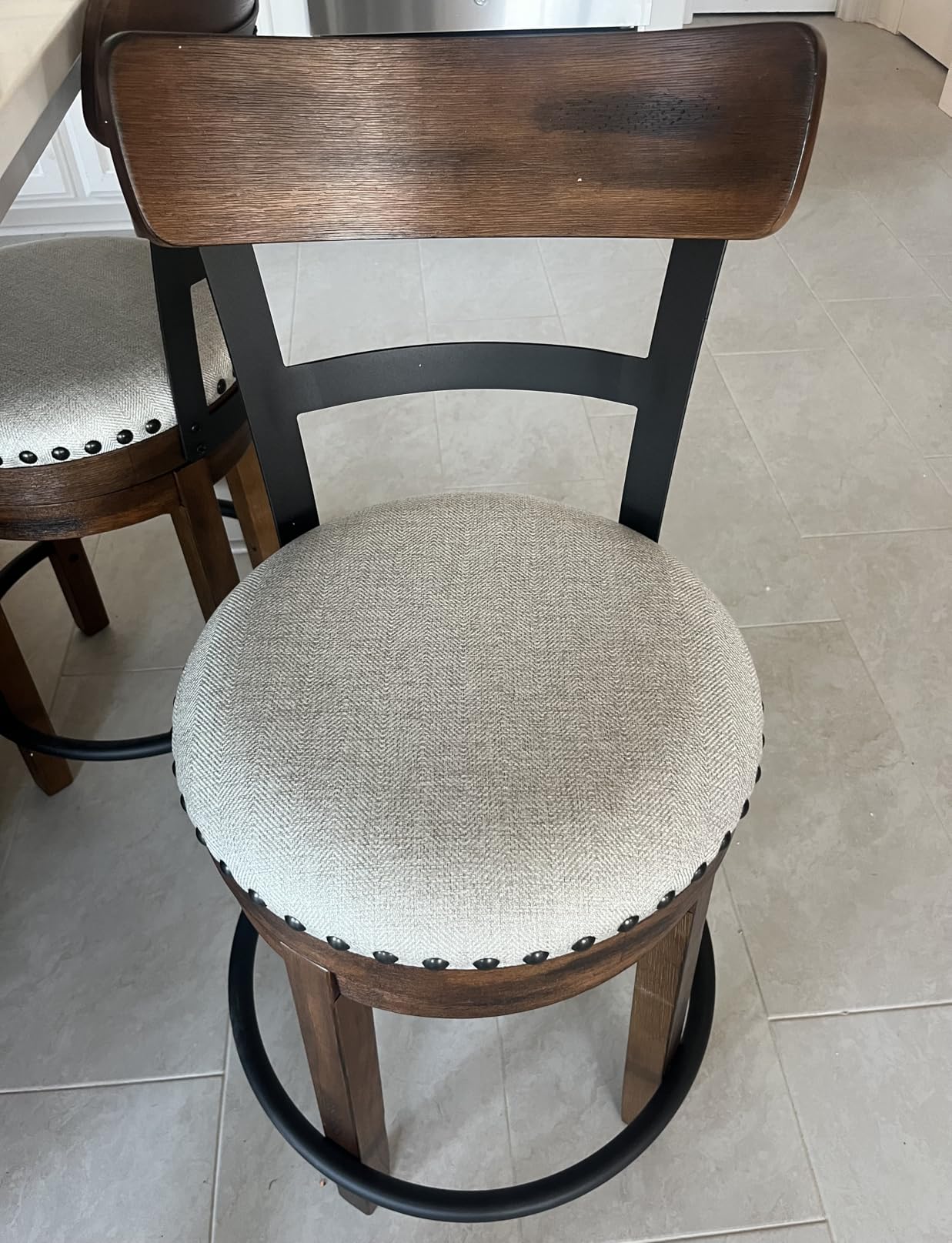 Signature Design by Ashley Valebeck Counter Height Bar Stool, Brown | Rustic-industrial wood and metal stool, Cushioned comfort, Tailored nailhead trim, Smooth 360-degree swivel customer photo 2