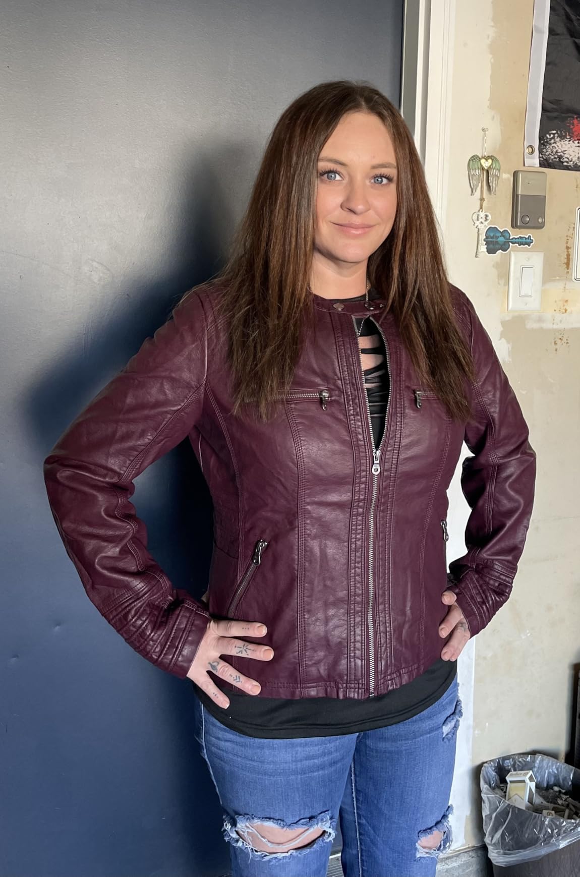 Women's Faux Leather Moto Biker Jacket Coat with Removable or Non-Removable Hood customer photo 1