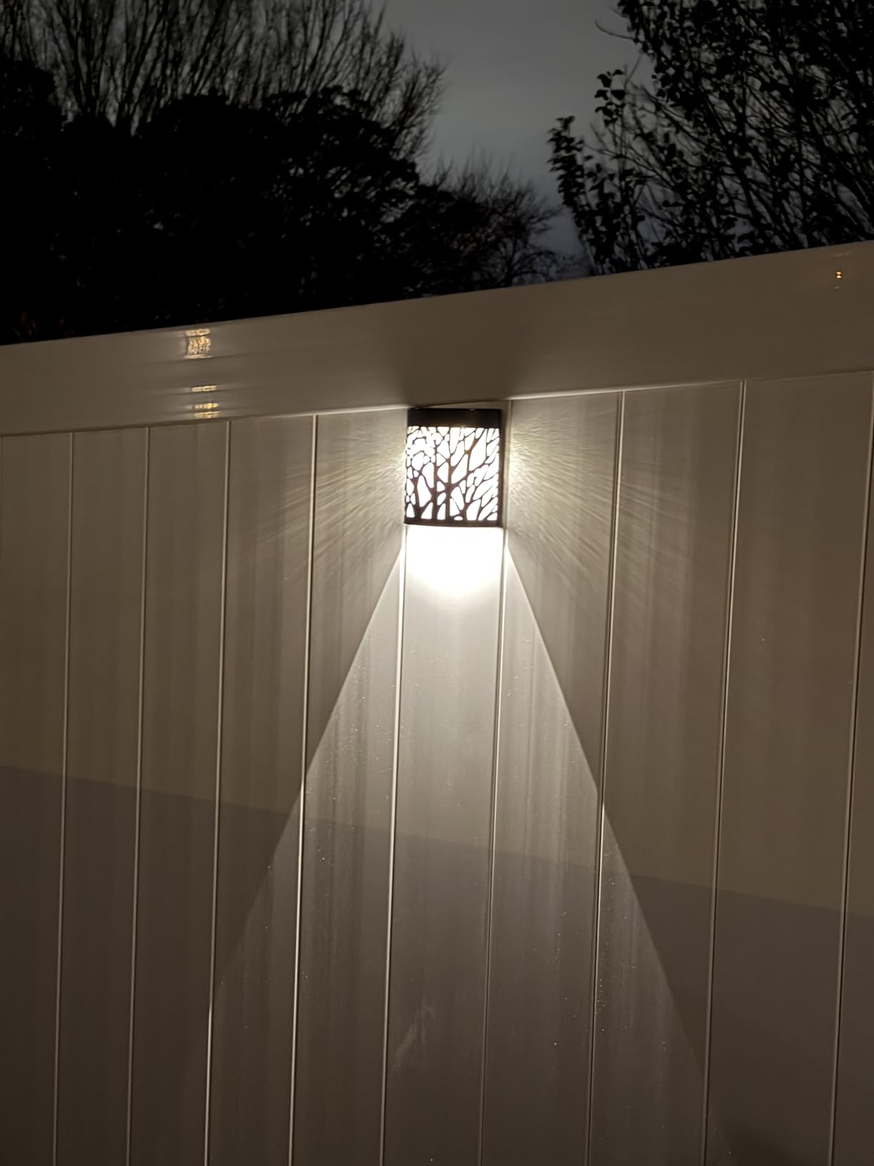 DenicMic Solar Wall Lights Outdoor Wall Sconce Fence Lights Solar Powered | 2 Pack, Mental Patio Front Door Yard Deck Stair House LED Forest Decorative Lamps, Waterproof, Warm White Color Changing customer photo 1