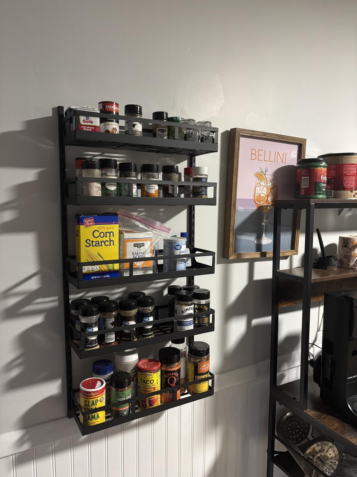 X-cosrack Wall Mount Spice Rack Organizer 5 Tier Height-Adjustable Hanging Spice Shelf Storage for Kitchen Pantry Cabinet, Dual-Use Seasoning Holder Rack with Hooks, Black-Patented customer photo 2