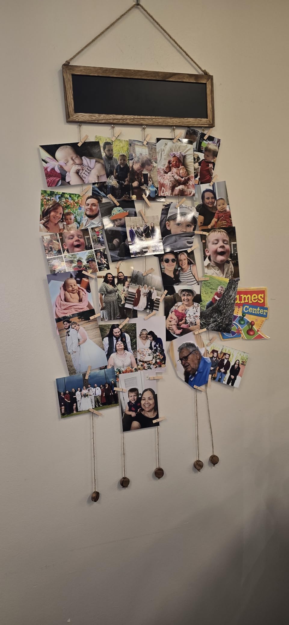 Bikoney Picture Frames Collage Photo Hanging Display with Chalkboard | Rustic Wood Polaroid Board with 30 Clips, Multi Photo Hanging Display, Carbonized Black Finish, Easy Wall Mount customer photo 1