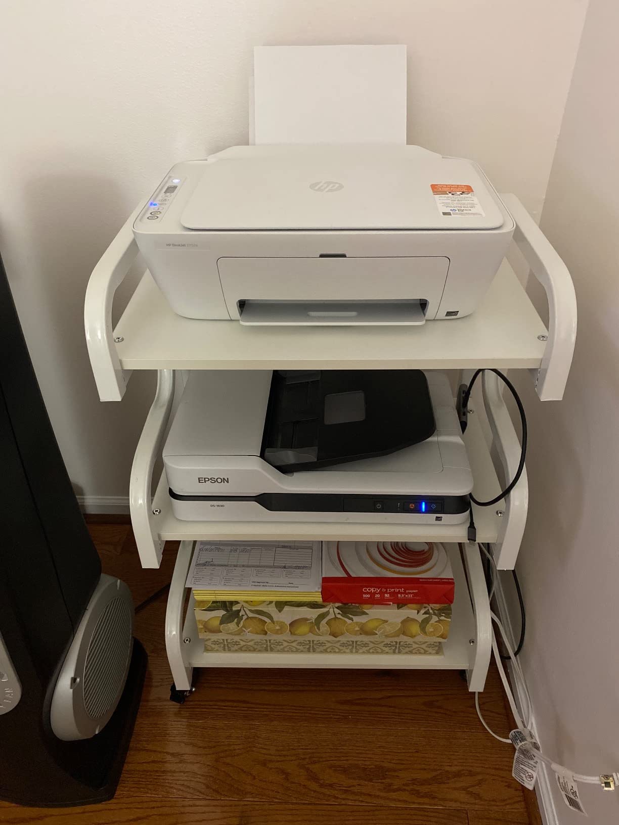 Natwind Stylish 3 Tier Printer Stand, Office Desk Side Storage Shelf, White | Rolling Printer Cart with Wheels, Fits Two Printers, Multi-Functional Storage Organizer Stand for Home Office, Living Room customer photo 1