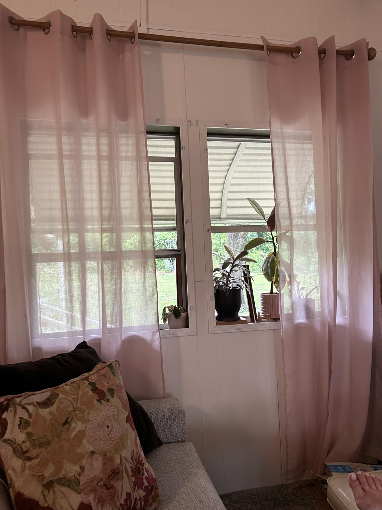 NICETOWN Linen Sheer Curtains 96 inches Long for Living Room, Bedroom Curtains 2 Panels Set Grommet Semi Sheer Privacy with Light Filtering Flax Open Linen Weave Drapes, W52 x L96, White customer photo 1