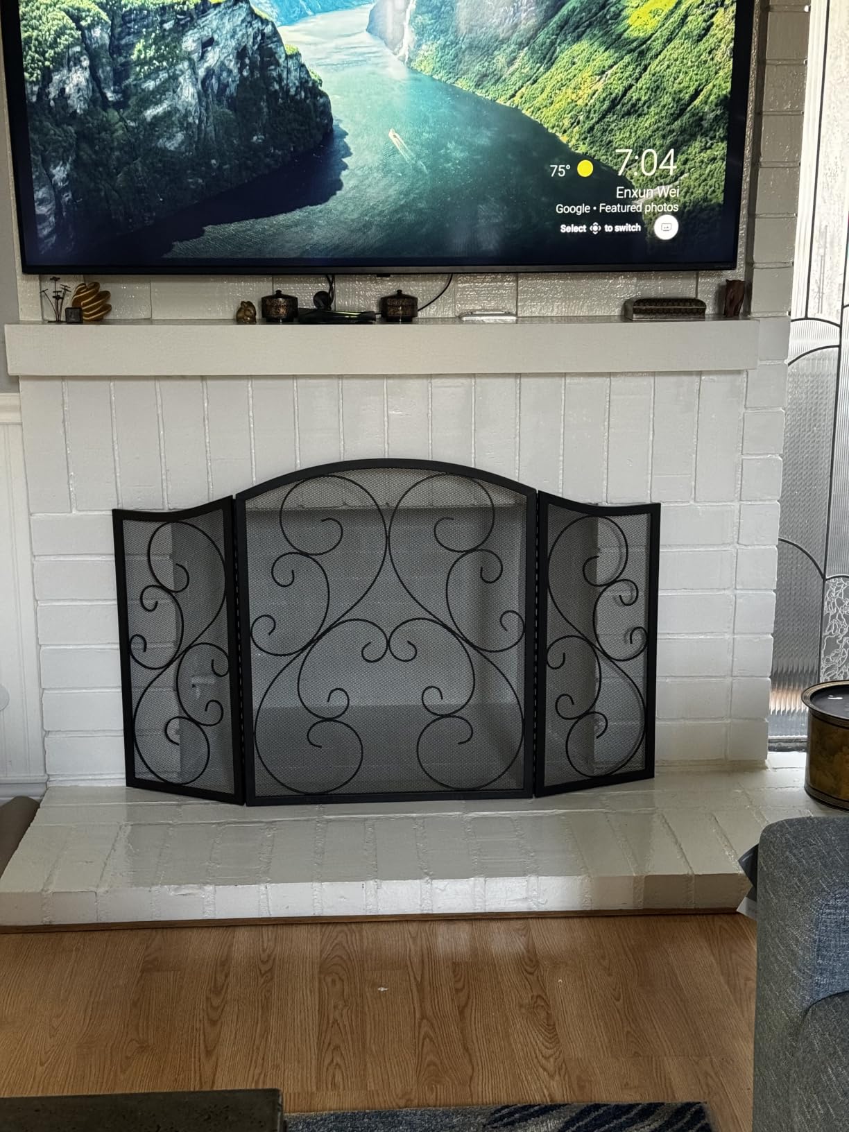 Fire Beauty 3 Panel Wrought Iron Fireplace Screen 48x30 Inch(Sanded Black) | Blocks flying embers to protect kids and pets. Foldable iron screen for easy storage and quick setup. customer photo 2
