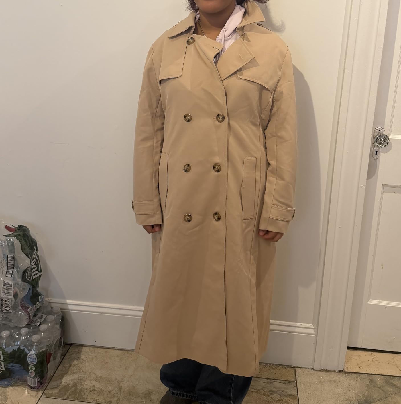 Makkrom Women's Double Breasted Long Trench Coat Windproof Classic Lapel Slim Overcoat with Belt customer photo 1