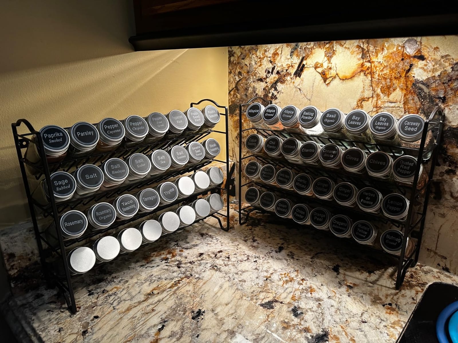 SWOMMOLY Spice Rack Organizer with 32 Glass Spice Jars and 396 Spice Labels | Chalk Marker, Funnel - Spice Organizer for Cabinet, Countertop, Pantry, Cupboard & Wall Mount, 14.8
