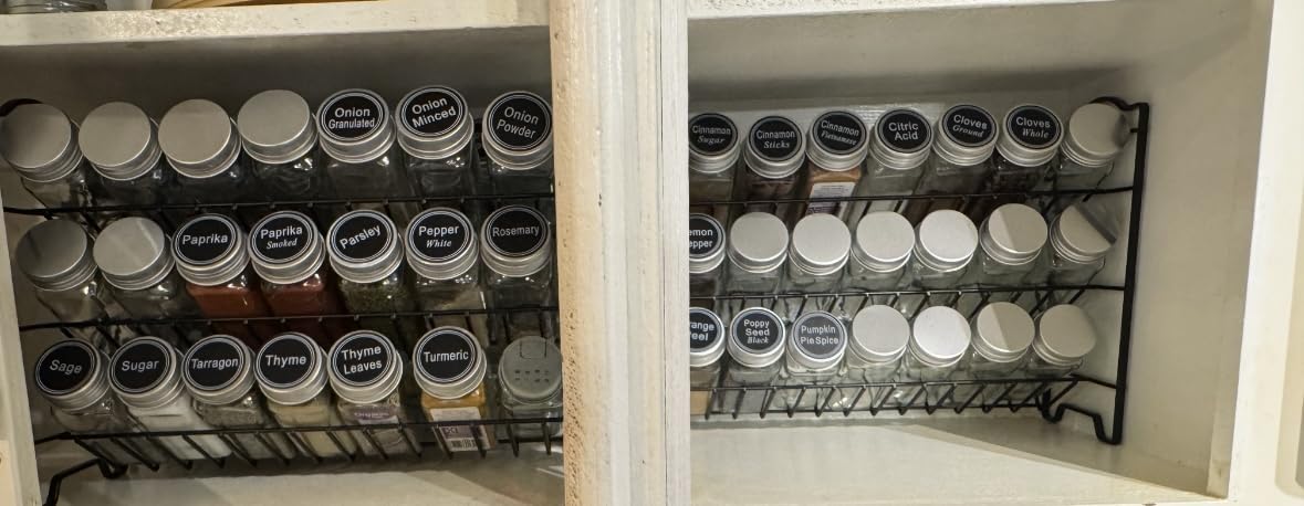 SWOMMOLY Spice Rack Organizer with 32 Glass Spice Jars and 396 Spice Labels | Chalk Marker, Funnel - Spice Organizer for Cabinet, Countertop, Pantry, Cupboard & Wall Mount, 14.8