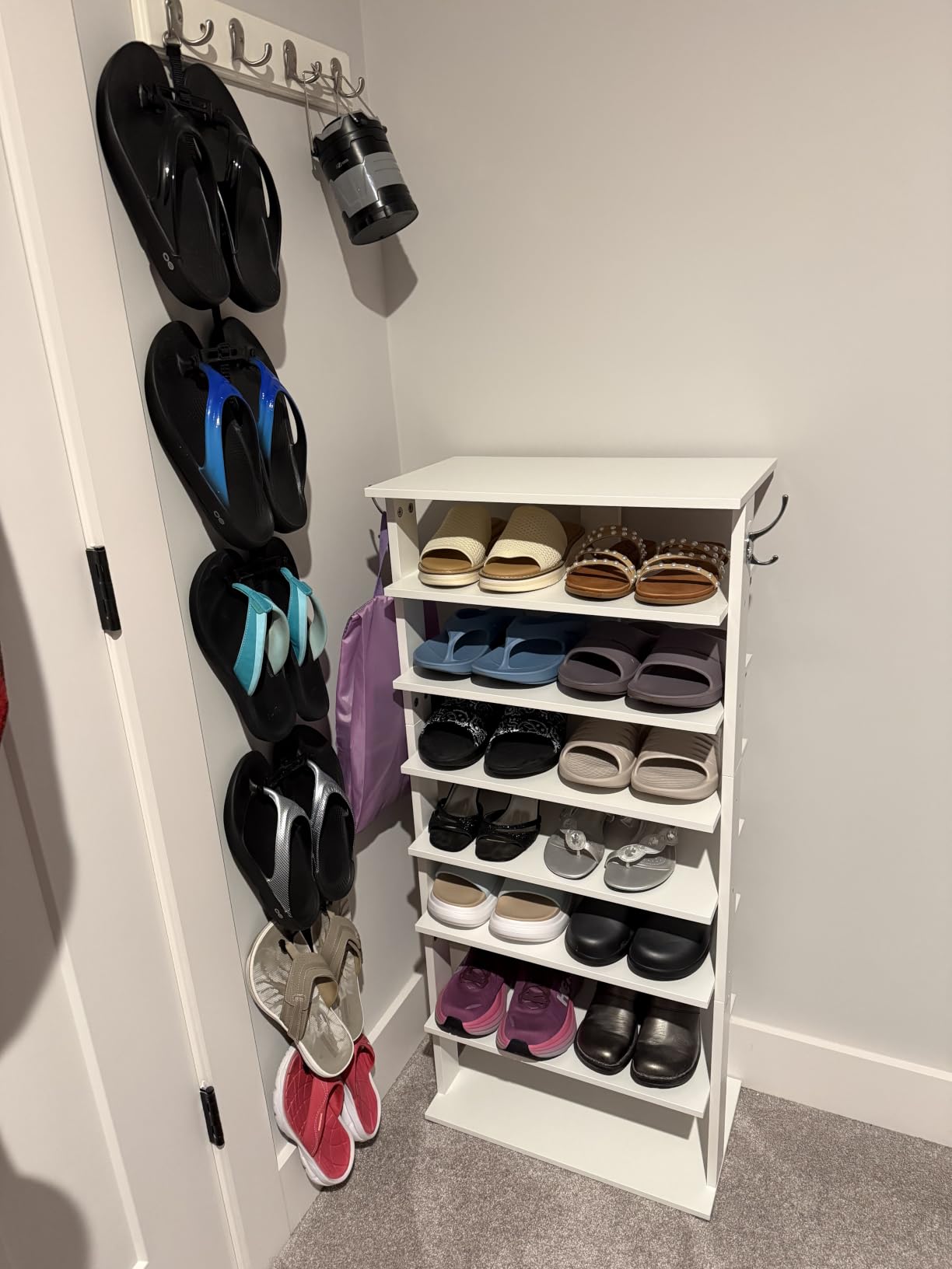 HOOBRO 8 Tiers Vertical Shoe Rack, Wooden Shoe Storage Organizer with Hooks, Narrow Shoe Tower for 8 Pairs, Space Saving, for Entryway, Living Room, Bedroom, Rustic Brown BF07XJ01G1 customer photo 1