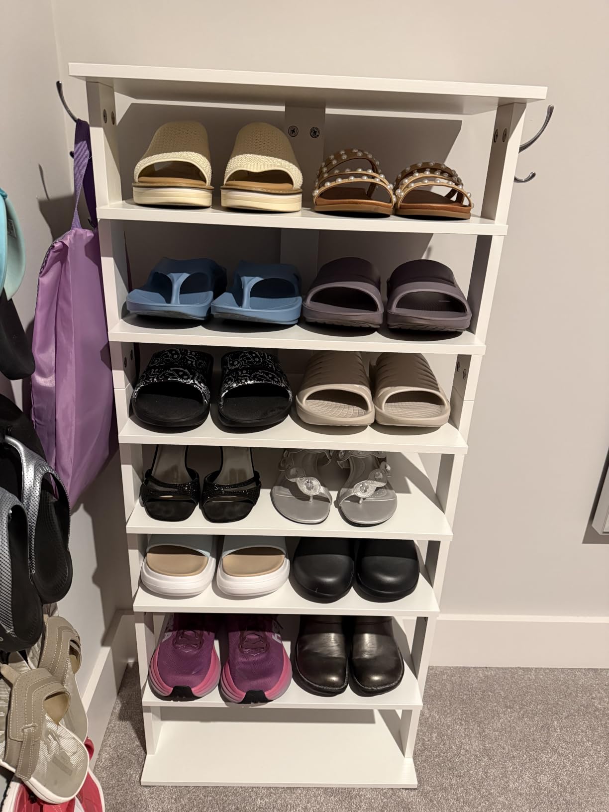 HOOBRO 8 Tiers Vertical Shoe Rack, Wooden Shoe Storage Organizer with Hooks, Narrow Shoe Tower for 8 Pairs, Space Saving, for Entryway, Living Room, Bedroom, Rustic Brown BF07XJ01G1 customer photo 2