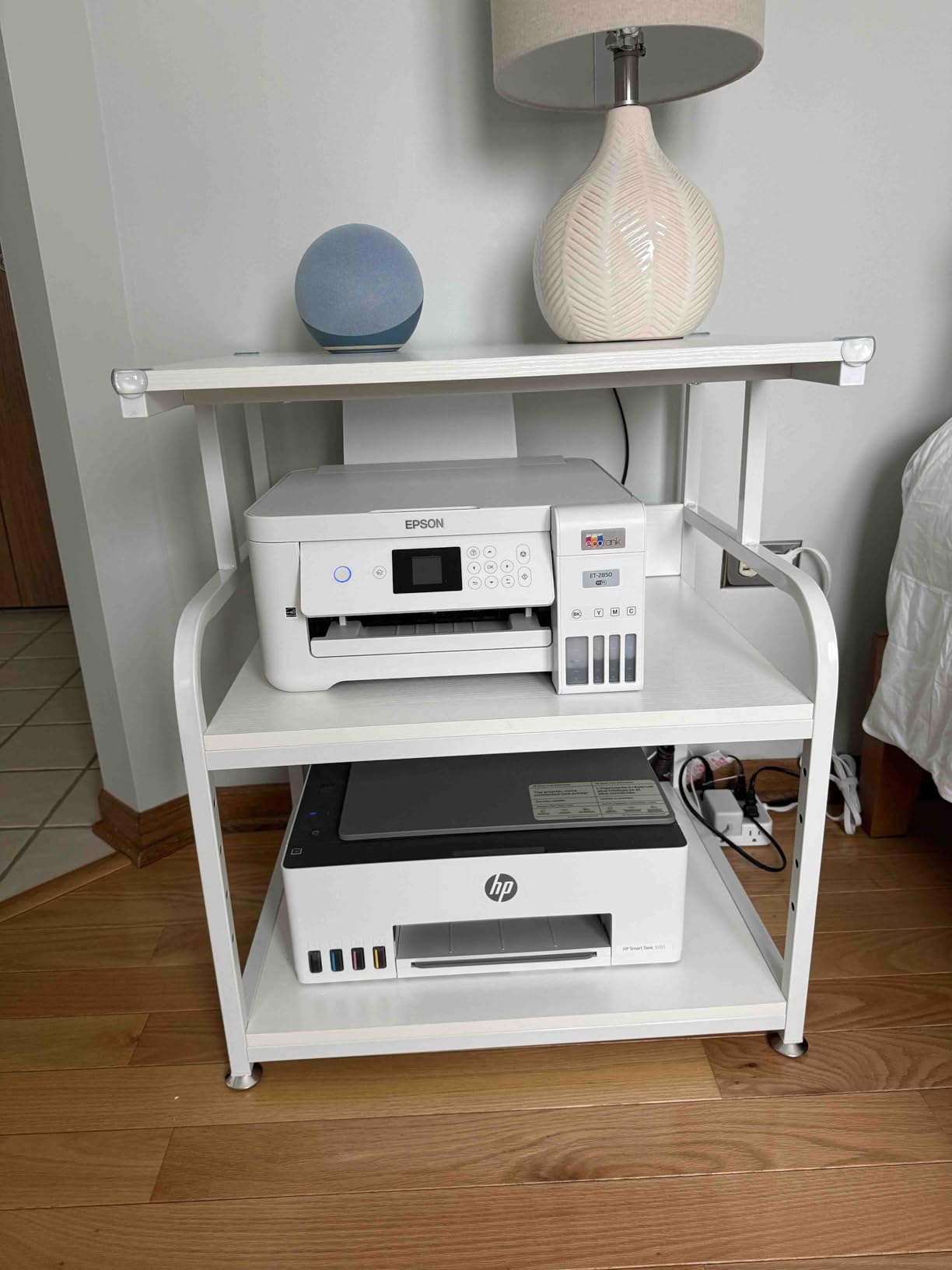 Fannova Printer Stand, 23.6 x18.9 x 30 Inches Large Printer Table with Adjustable Storage Shelf, 3 Tier Rolling Printer Cart with Wheels for Home Office, Stand for Heat Press Mini Fridge, Black customer photo 2