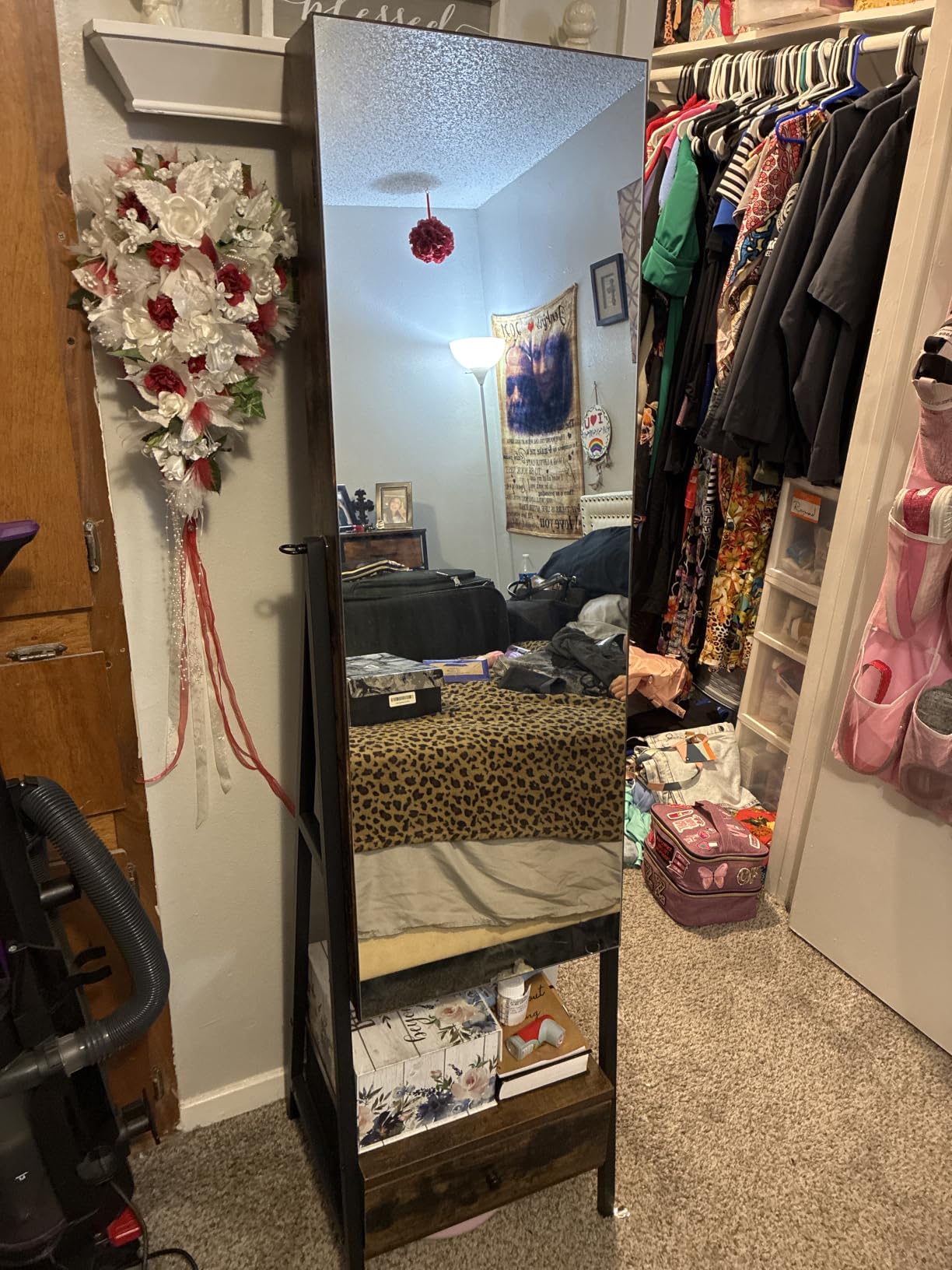SONGMICS LED Cabinet Standing, Lockable Jewelry Armoire with Full-Length Mirror, Space-Saving Jewelry Organizer with Mirror, Bottom Drawer and Shelf, Gift Idea, Rustic Brown UJJC025X01 customer photo 1
