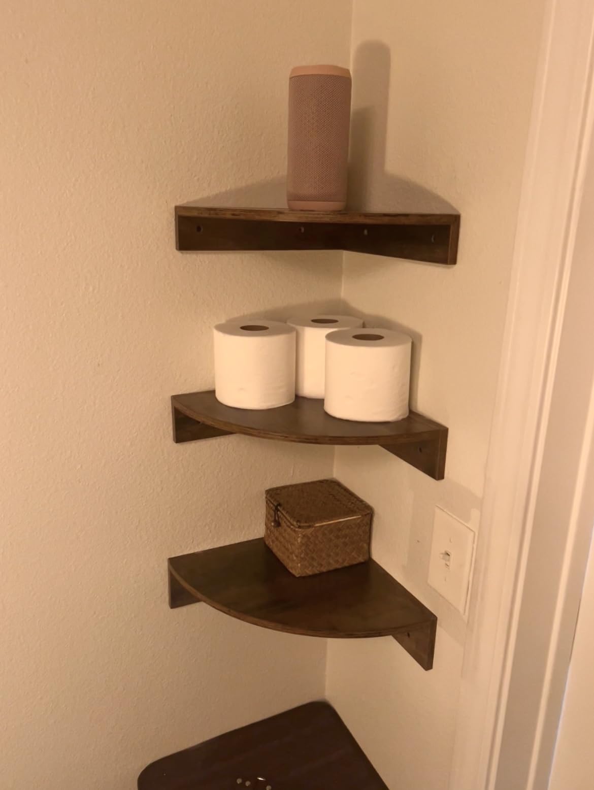 Homode Corner Shelf Wall Mount, Set of 3 Floating Corner Shelves with Cord Hole, 3 Tier Wood Wall Display Shelf, Storage for Bathroom Living Room Kitchen Bedroom, Rustic Brown and Black customer photo 2