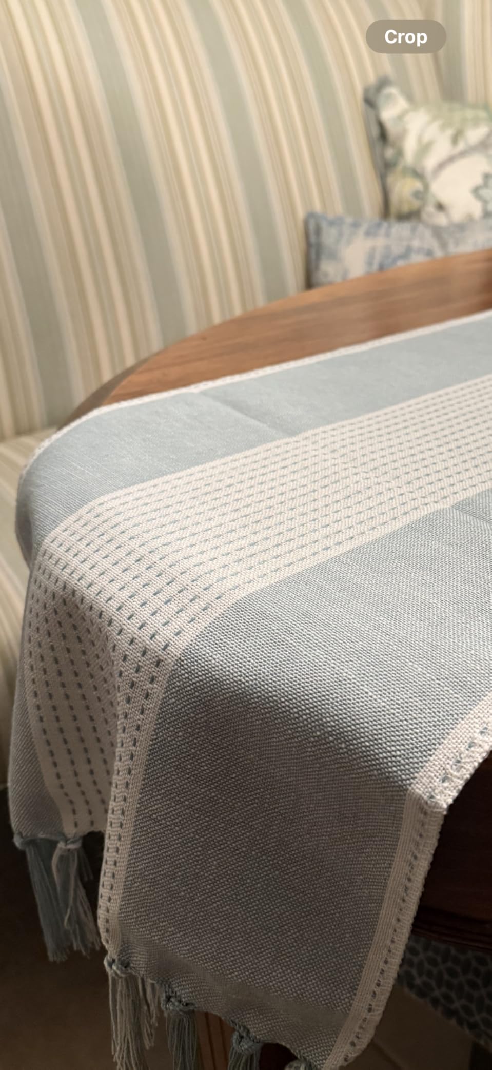 Wracra Linen Table Runner, Stripe Table Runners 72 Inches Sage Green, Delicate Splicing Design and Hand-Tassels, Cotton Linen Woven Fabric, Farmhouse Macrame Table Runner customer photo 2