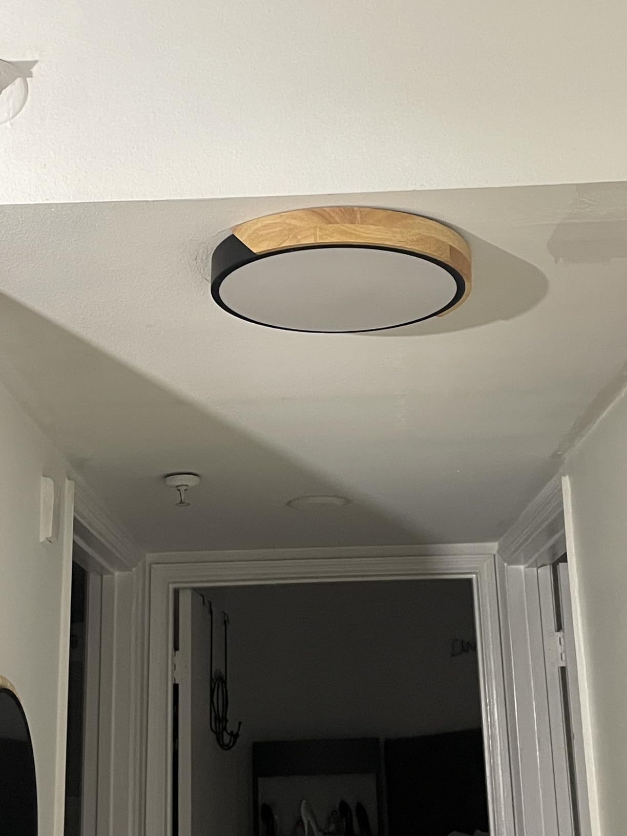 Modern LED Ceiling Light, Minimalist Wood Flush Mount Ceiling Light Fixture, 4000K Not Dimmable, Circle Lighting Lamp with Acrylic Lampshade for Bedroom Laundry Room Hallway (Black,11.8