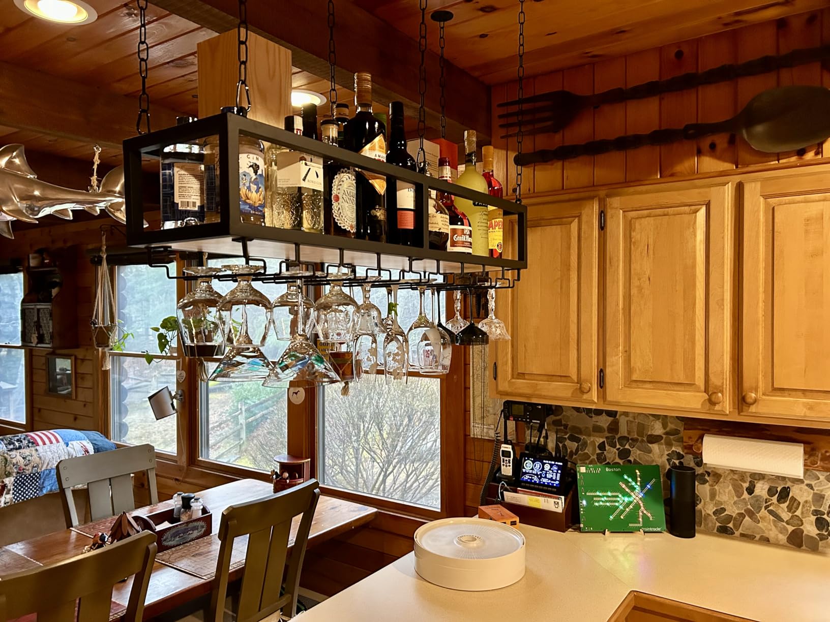 Ceiling Wine Glass Rack - Hanging Wine Rack with Glass Holder and Shelf, Height Adjustable Industrial Hanging Wine Bottle Holder, Black Metal Ceiling Shelf for Bar Cafe Kitchen (55.1x9.8x8.6in) customer photo 1