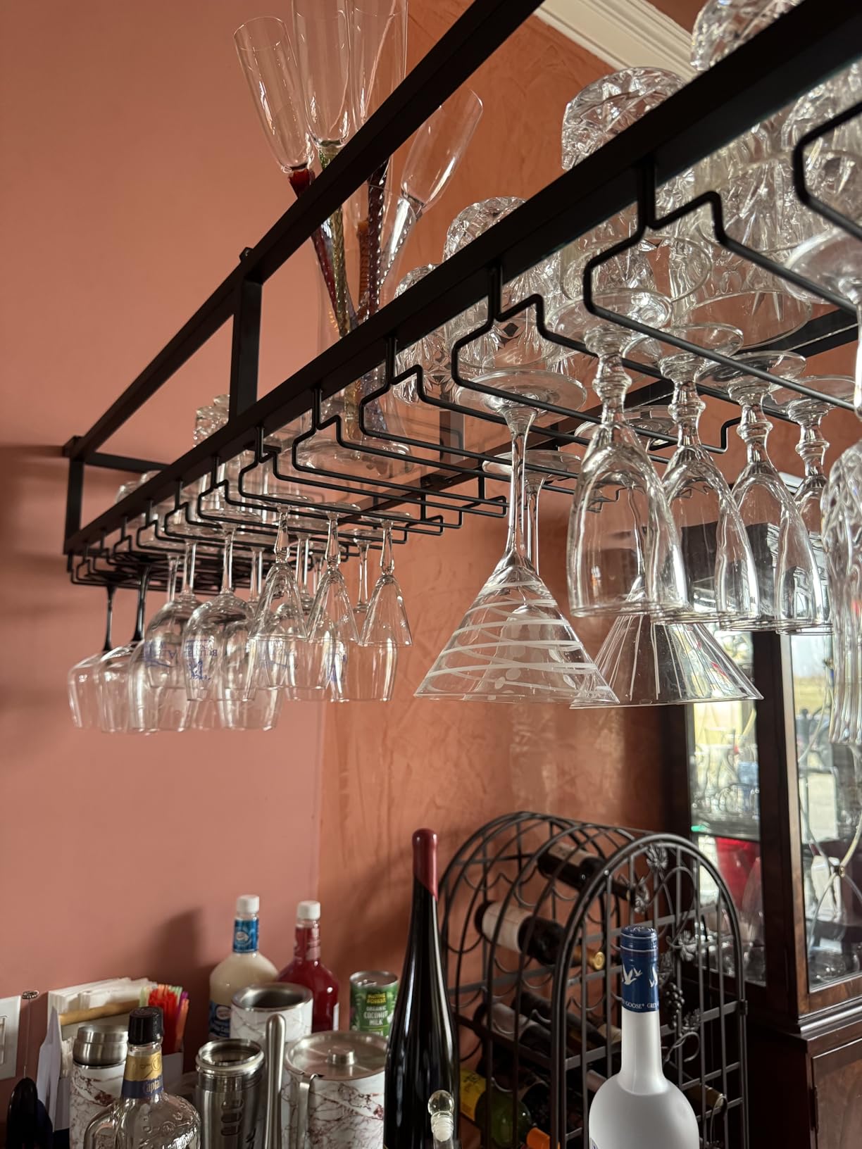 Ceiling Wine Glass Rack - Hanging Wine Rack with Glass Holder and Shelf, Height Adjustable Industrial Hanging Wine Bottle Holder, Black Metal Ceiling Shelf for Bar Cafe Kitchen (55.1x9.8x8.6in) customer photo 2