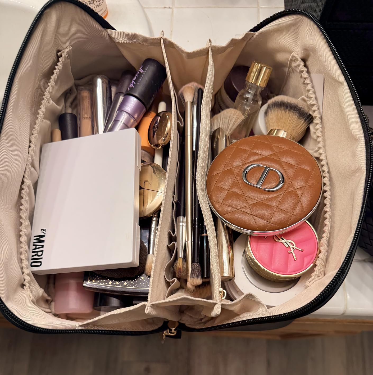 EACHY Travel Makeup Bag for Women, PU Leather Cosmetic Bag, Brown, Medium | Water-resistant PU leather exterior with flat-open access, clear TPU brush compartment and organized storage for cosmetics customer photo 1