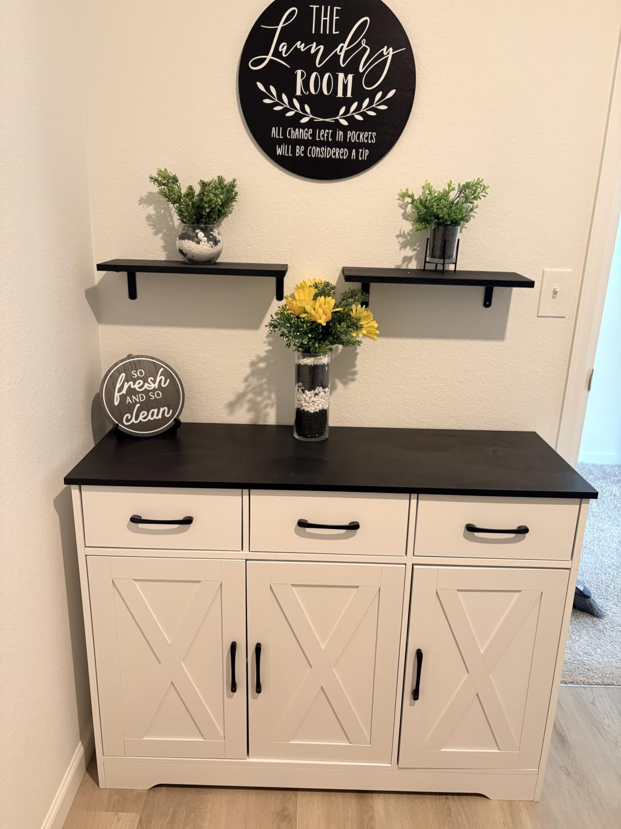 HOSTACK Modern Farmhouse Sideboard Buffet Cabinet, Barn Doors Buffet Storage Cabinet with Drawers and Shelves, Wood Coffee Bar with Storage for Kitchen, Dining Room, Living Room, White customer photo 1