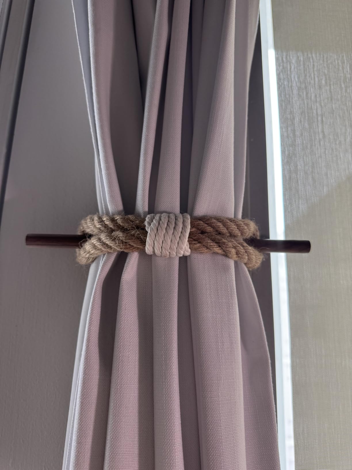JELUTRIC Curtain Tiebacks Farmhouse Holdbacks, Nautical Boho Rustic Curtain Holders, Cotton Jute Rope with Wood Club, Wood Vintage Natural Woven Curtain Ties for Window Drapery 2Pcs customer photo 2