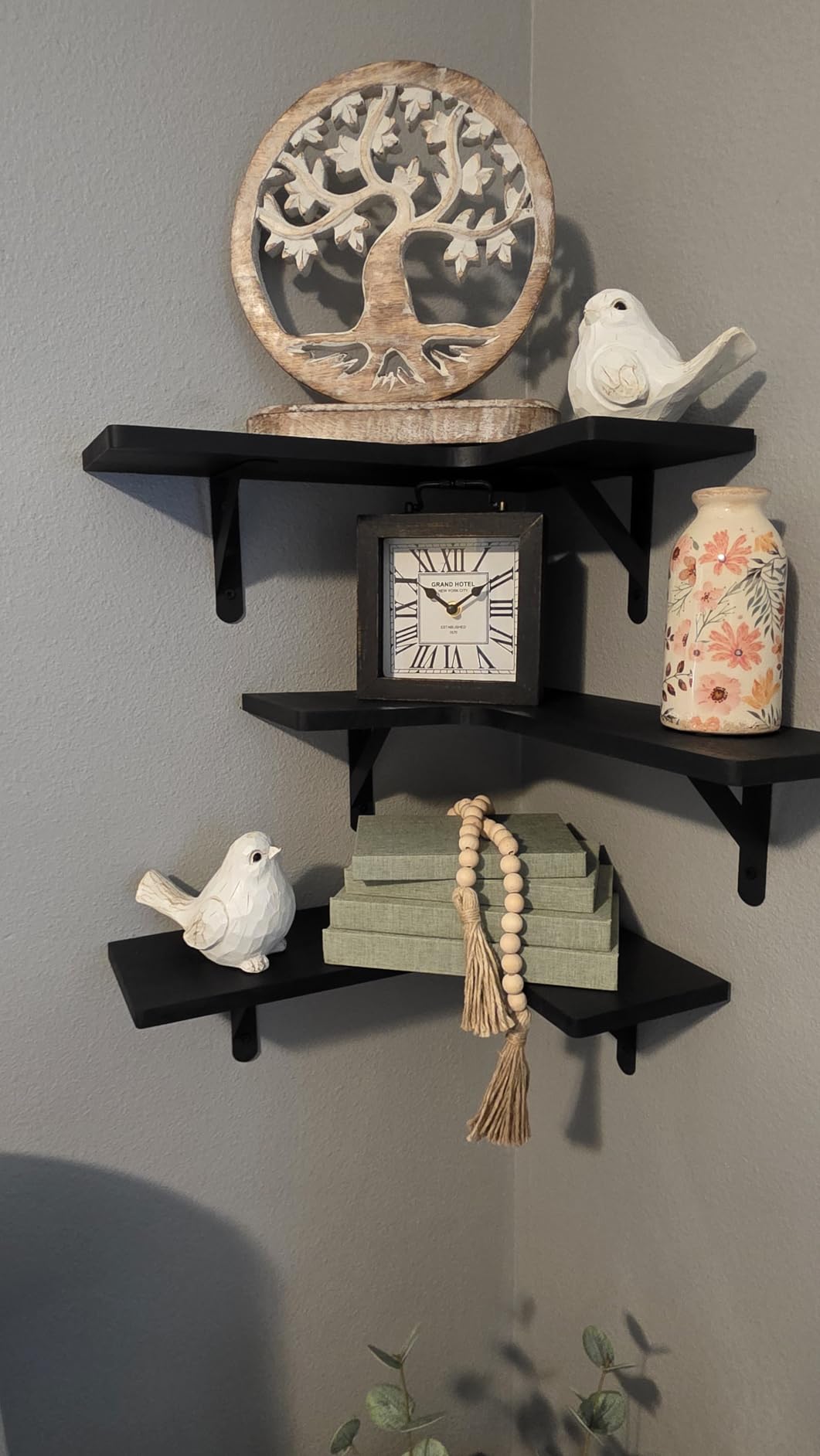 Fixwal Corner Floating Shelves for Wall Set of 5, Rustic Wood Wall Mounted Shelf for Bathroom, Kitchen, Bedroom, Home Decor, Laundry Room, Living Room (Dark Carbonized Black) customer photo 1