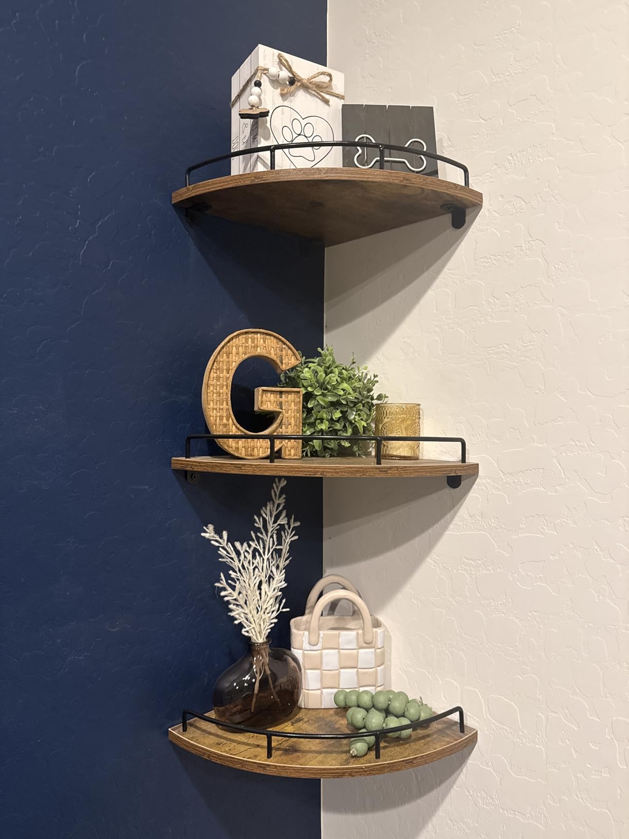 HORLIMER 3 Pack Floating Corner Shelf Wall Mount with Fence, Brown | Rustic Wood Corner Wall Shelves for Bedroom, Living Room, Bathroom, Kitchen customer photo 2