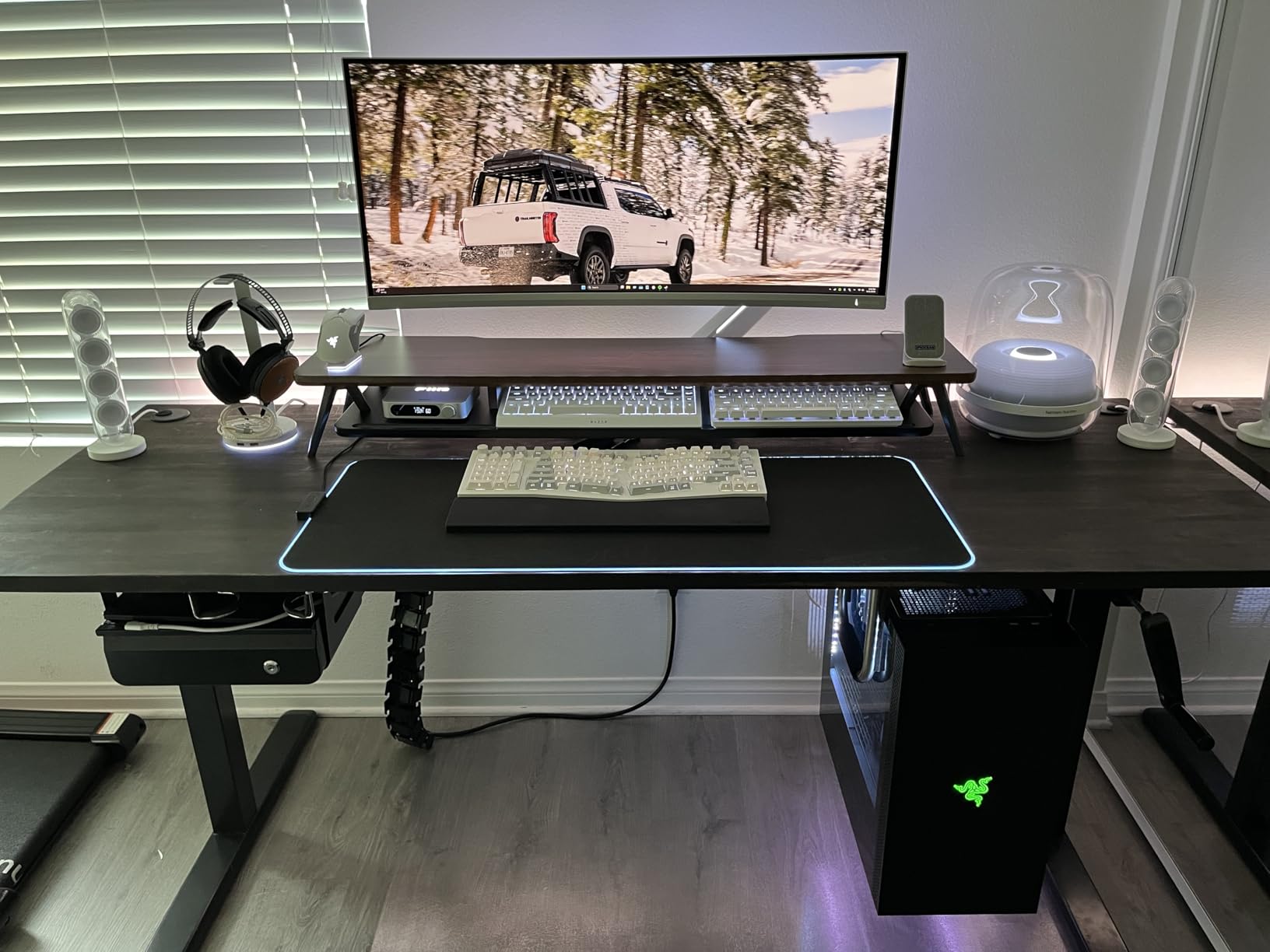 Fenge Dual Monitor Stand Riser, Wooden Desk Shelf with 2-Tier Storage | 42.5-Inch Wide, Sturdy Aluminum Legs, Built-In Phone & Tablet Slot, Desktop Organizer customer photo 1