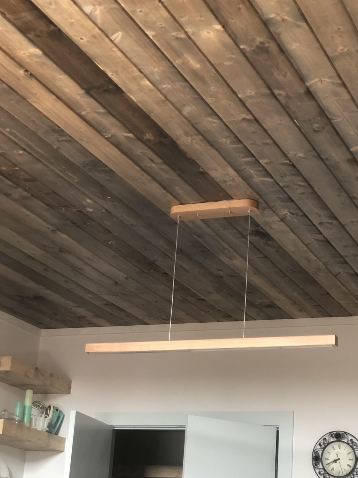 YISDESIGN 59'' LED Pendant Light 40W Dimmable with Remote Wood Linear Chandelier Island Light with Black Finish for Living Room Dining Room Billiard & Pool customer photo 2