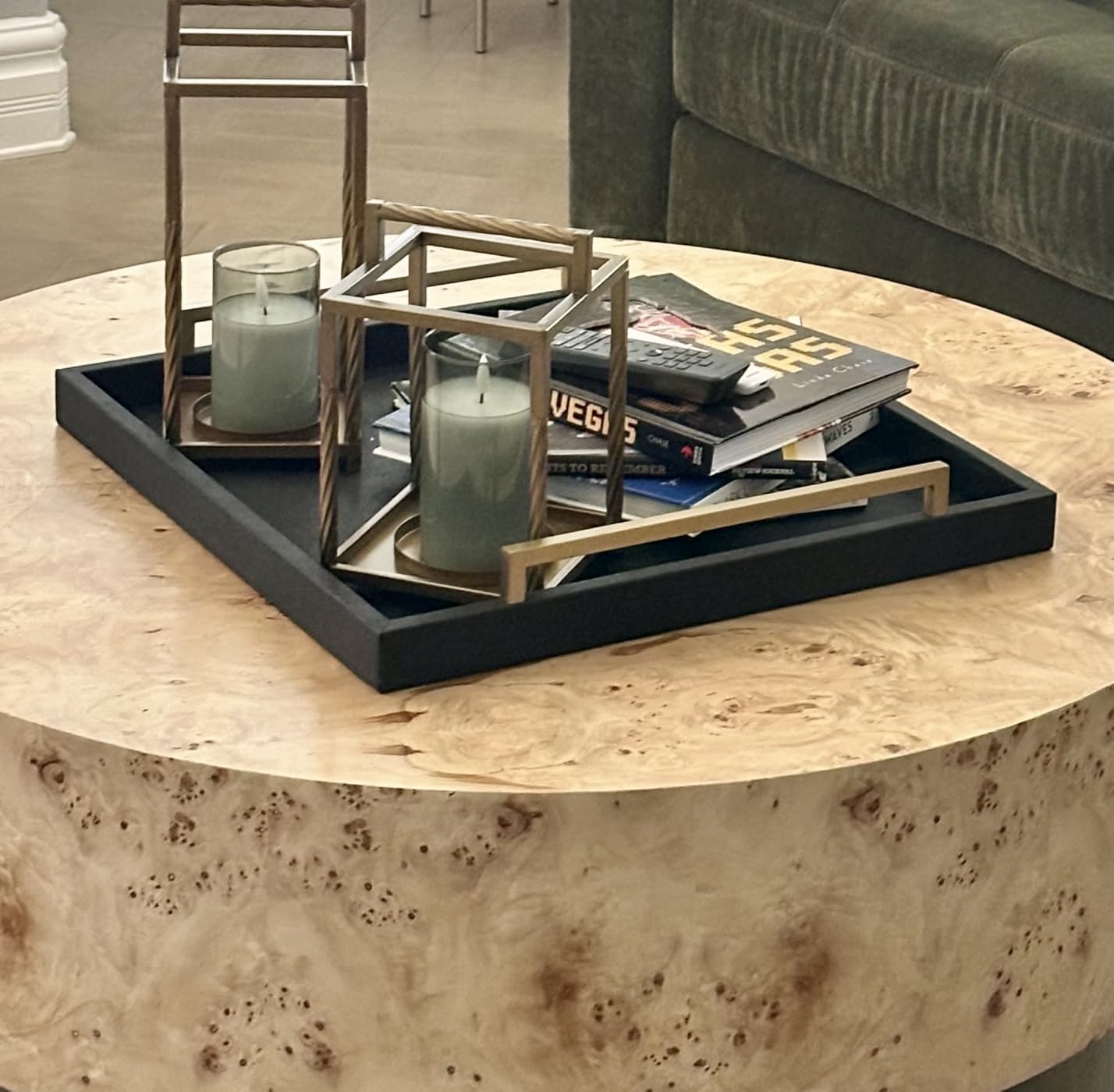 Large Ottoman Tray for Coffee Table, Square Shagreen Leather Decorative Tray with Gold Handles for Living Room Decor customer photo 1