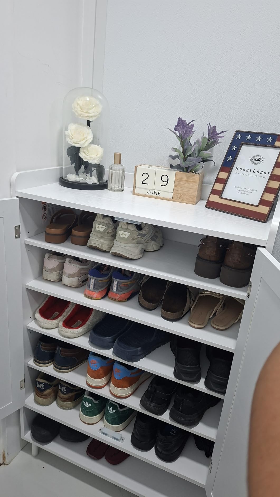 Shoe Storage Cabinet with Cross Molding Doors, 6-Tier Farmhouse Shoe Cabinet with 3 Adjustable Shelves and Metal Legs, 45'' Tall Shoes Rack Organizer Cabinet for Entryway, Front Door, White customer photo 1