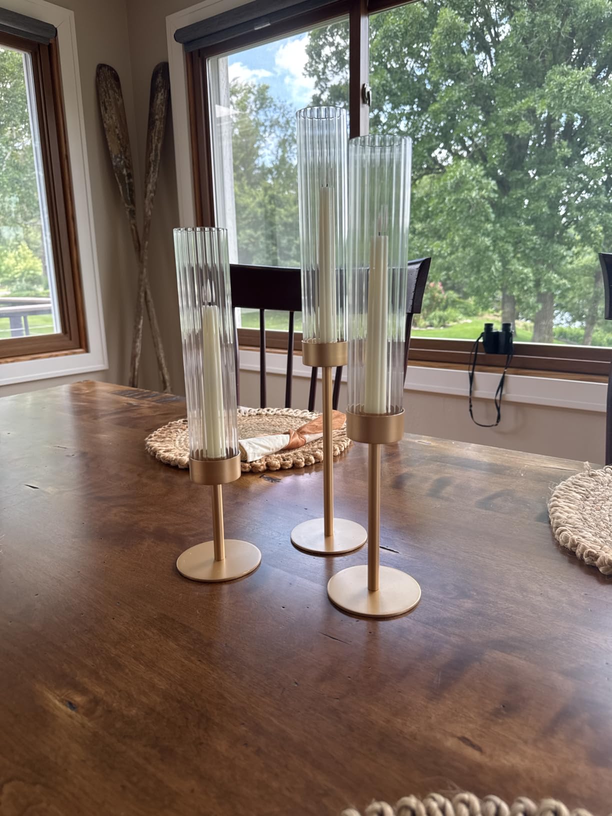 Hewory Gold Hurricane Candle Holder: 3PCS Candlestick Holders for Decor | Ribbed Glass, Brass Taper Candle Holders at 3 Different Heights, for Table Centerpiece Wedding Party Christmas Decorations customer photo 1