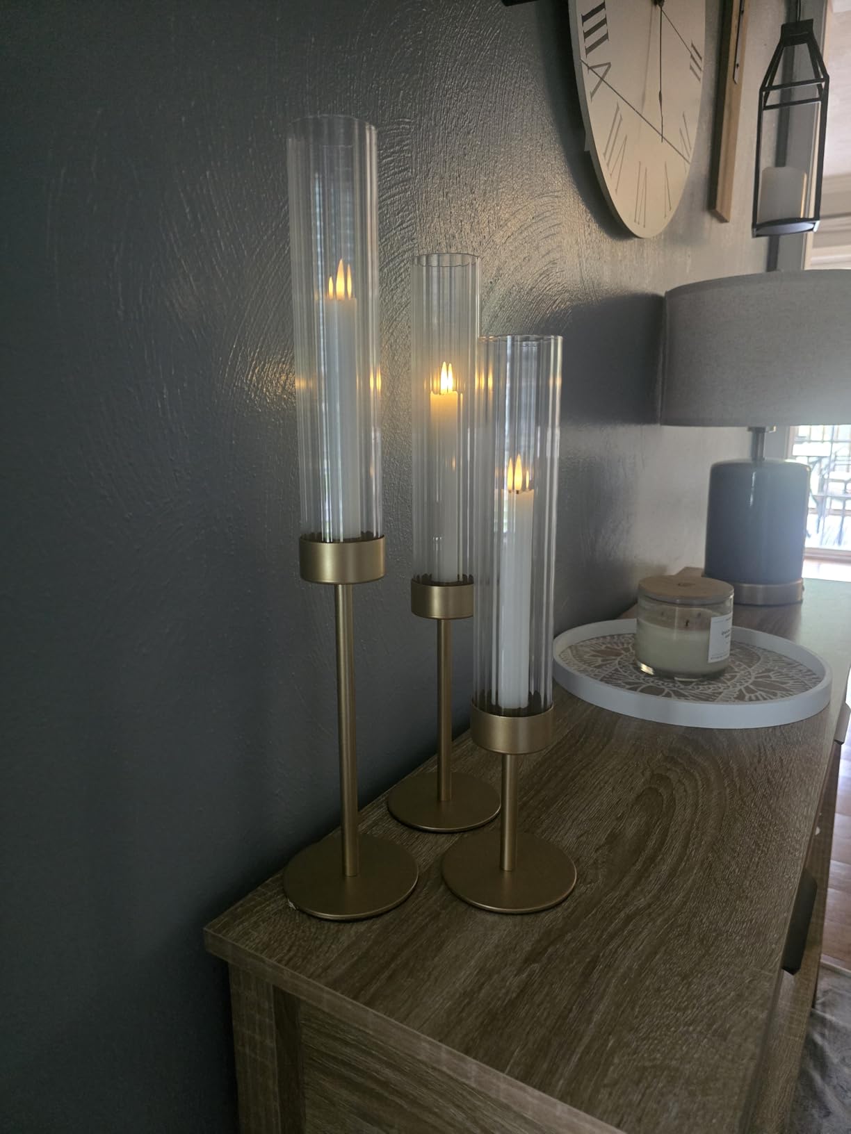 Hewory Gold Hurricane Candle Holder: 3PCS Candlestick Holders for Decor | Ribbed Glass, Brass Taper Candle Holders at 3 Different Heights, for Table Centerpiece Wedding Party Christmas Decorations customer photo 2
