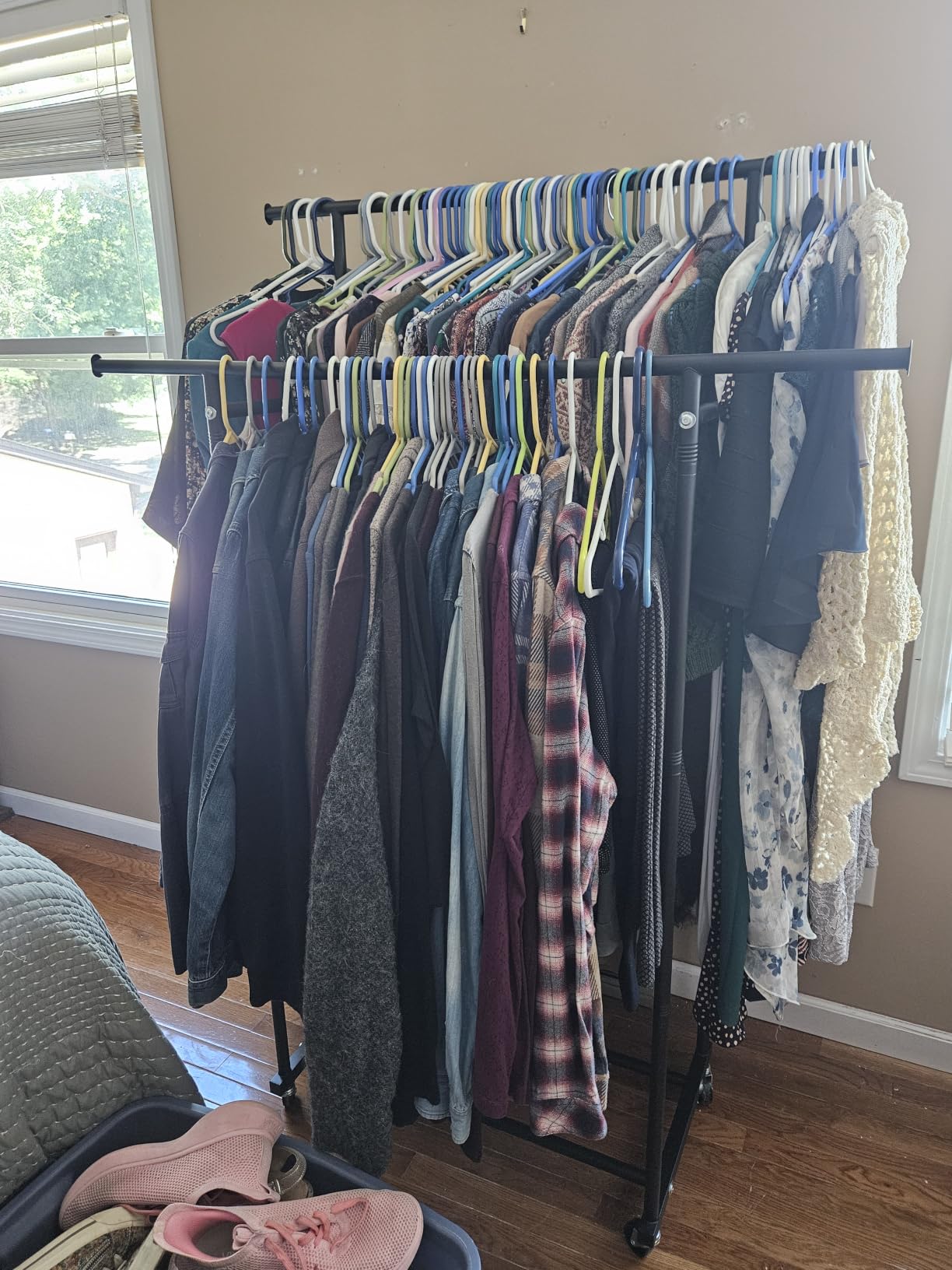 HYSEYY Double Rods Clothes Rack, Rolling Clothing Rack for Hanging Clothes Portable Wardrobe Rack, Metal Garment Rack customer photo 1