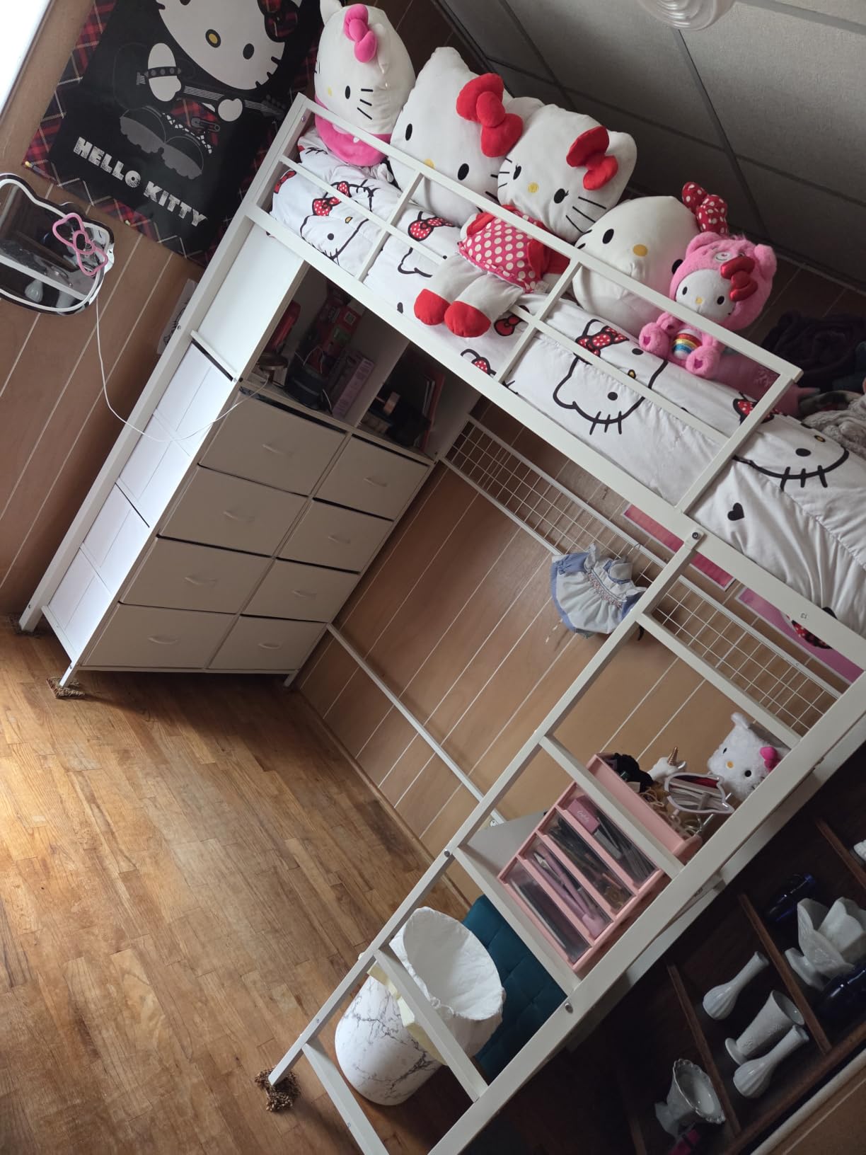 ADORNEVE Twin Size Loft Bed with Desk and 8 Storage Drawers, Rustic Brown | LED Metal Kids Loft Bed with Charging Sation, Storage Shelves, 13.1