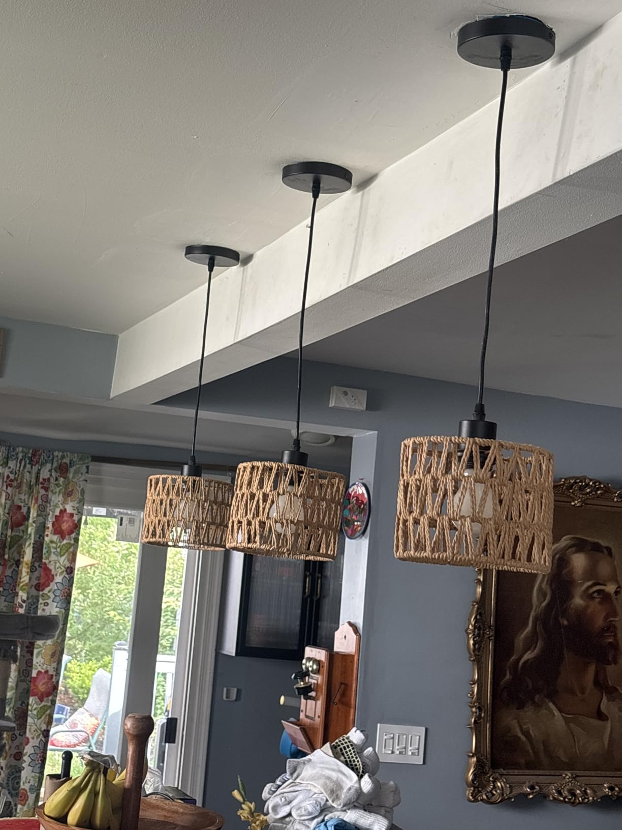 Woven Pendant Light Boho Chandelier, Rattan Pendant Lights Kitchen Island, Farmhouse Pendant Lighting with Hand Woven Wicker Shade, Boho Chandelier Light Fixtures Ceiling Hanging Light customer photo 1
