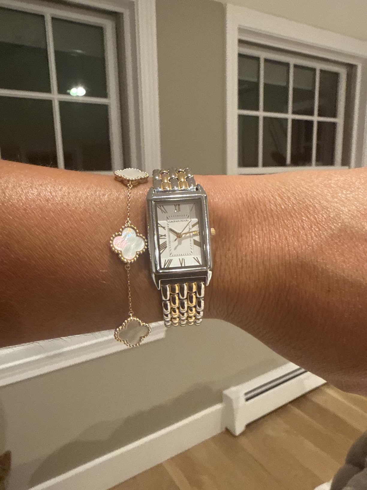 Gold Watches for Women with Vintage Rectangular Case, White Roman Dial, Stainless Steel Band customer photo 1