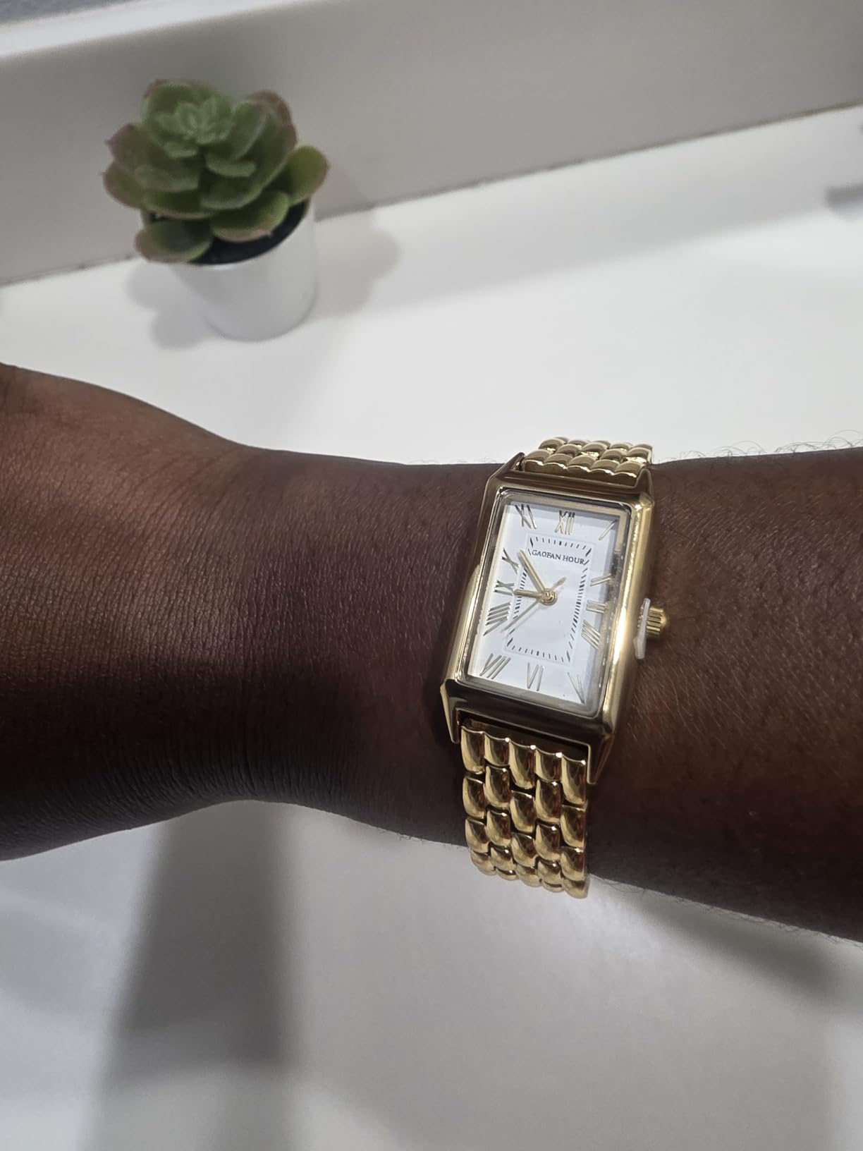 Gold Watches for Women with Vintage Rectangular Case, White Roman Dial, Stainless Steel Band customer photo 2