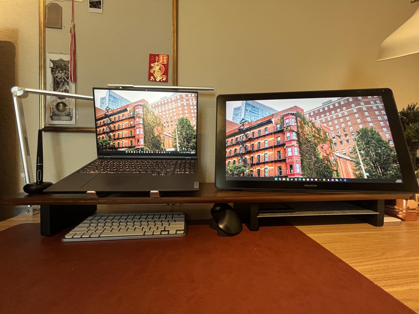 KIVY Dual Monitor Riser with Integrated Metal Shelf - Wooden desk shelf for top of desk - Large walnut monitor stand customer photo 2