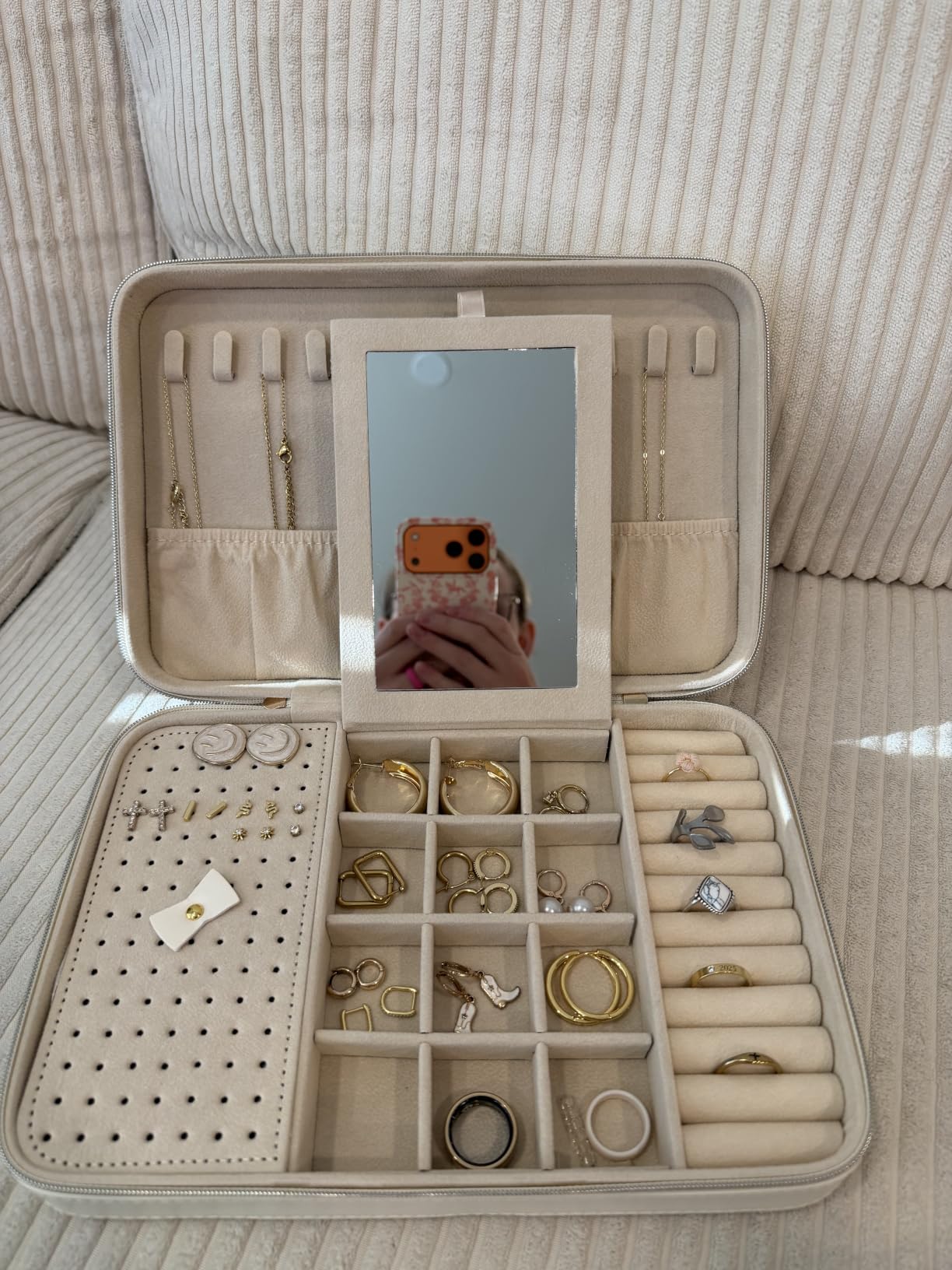 Lolalet Travel Jewelry Case for Women Girls, Travel Jewelry Organizer Box with Mirror & Clear Storage Bag, Small Portable Earring Necklace Bracelet Ring Case, Birthday Valentine Gifts -Medium, White customer photo 2