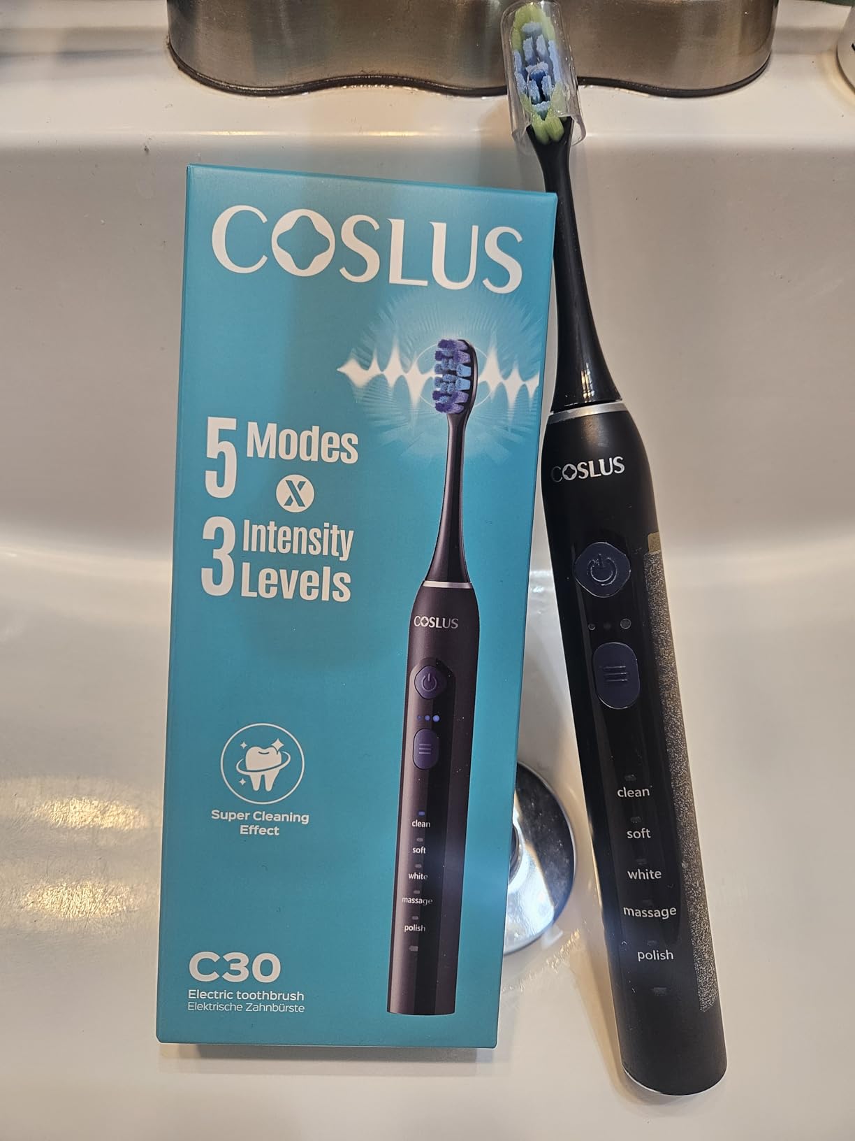 COSLUS C30 Electric Toothbrush for Adults, Effective Yet Gentle Ultra-Clean | 3 Intensities & 5 Modes, 2 Types Soft or Medium Firm Heads, Daily Care, Compact for Travel Home Family Use, 1PC, Black customer photo 2