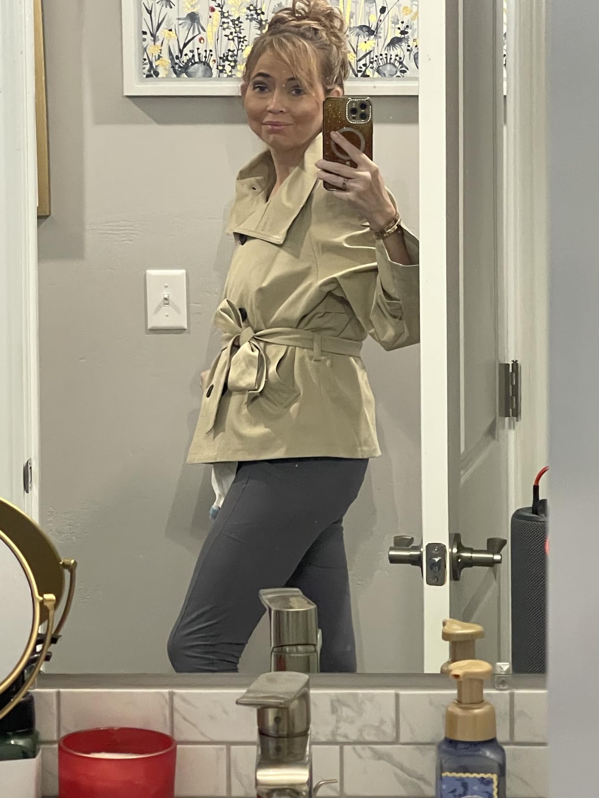 Women's Cropped Trench Coat Double Breasted Short Jacket High Collar Fall Winter Coats Trendy Outfit with Belt customer photo 2