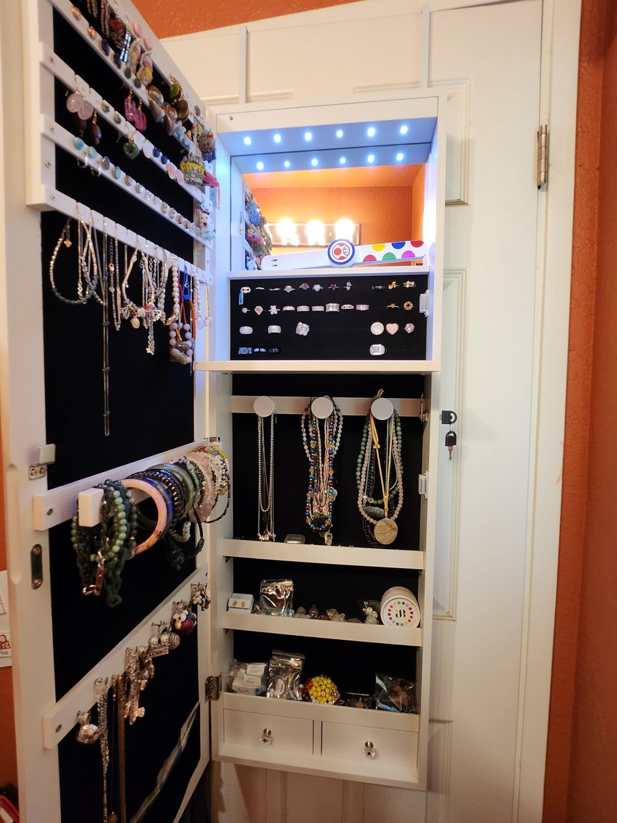 Over the Door Jewelry Organizer, Wall Mounted Jewelry Cabinet, Hanging Mirror with Storage Box, Wall/Door Mounted Full Length Mirror with LED customer photo 2